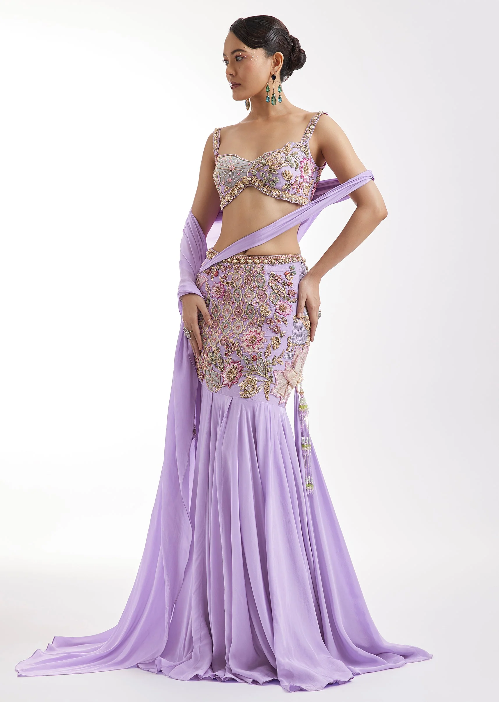 Lilac Embroidered Blouse And Draped Skirt Set - Image 3