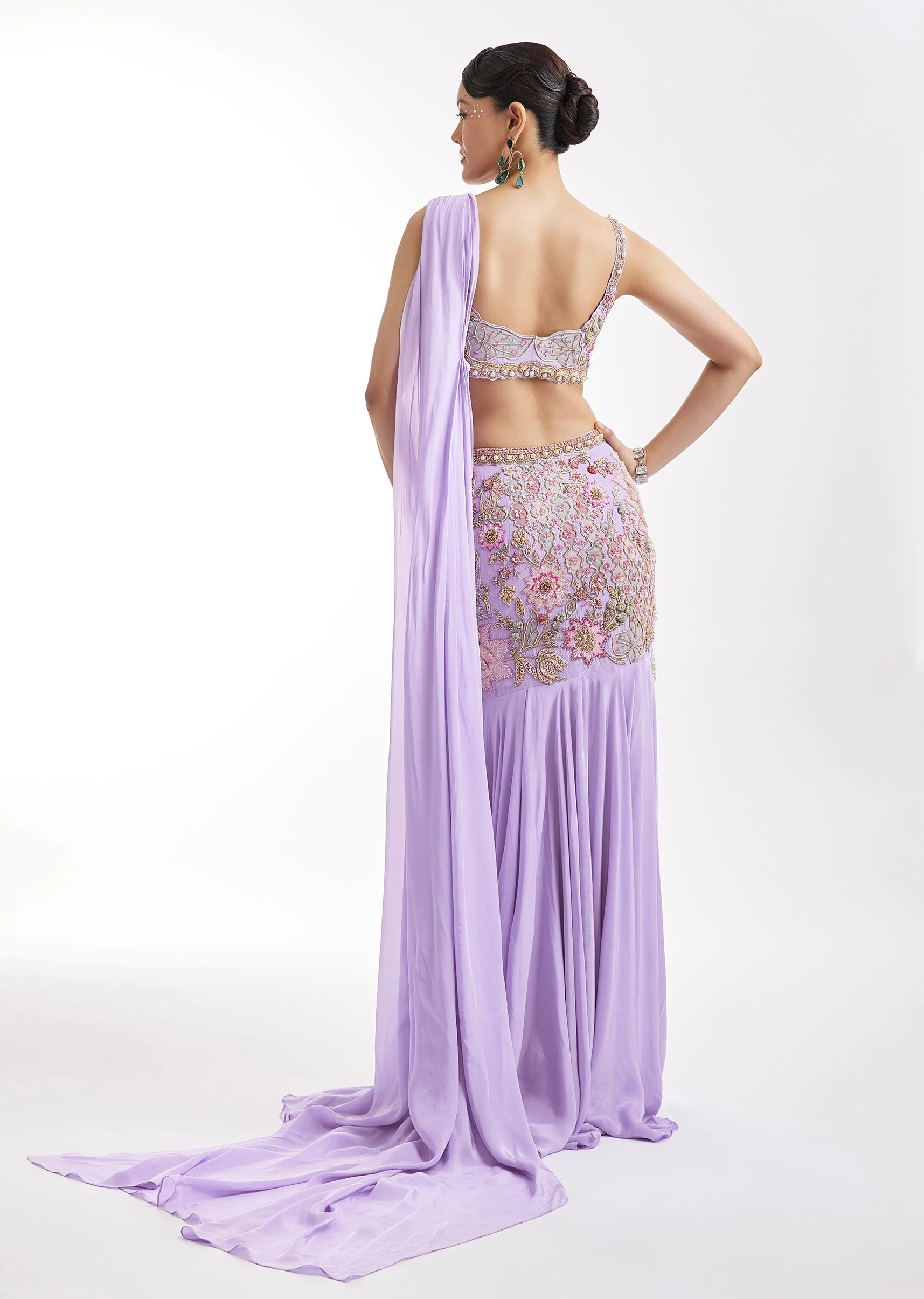Lilac Embroidered Blouse And Draped Skirt Set - Image 5