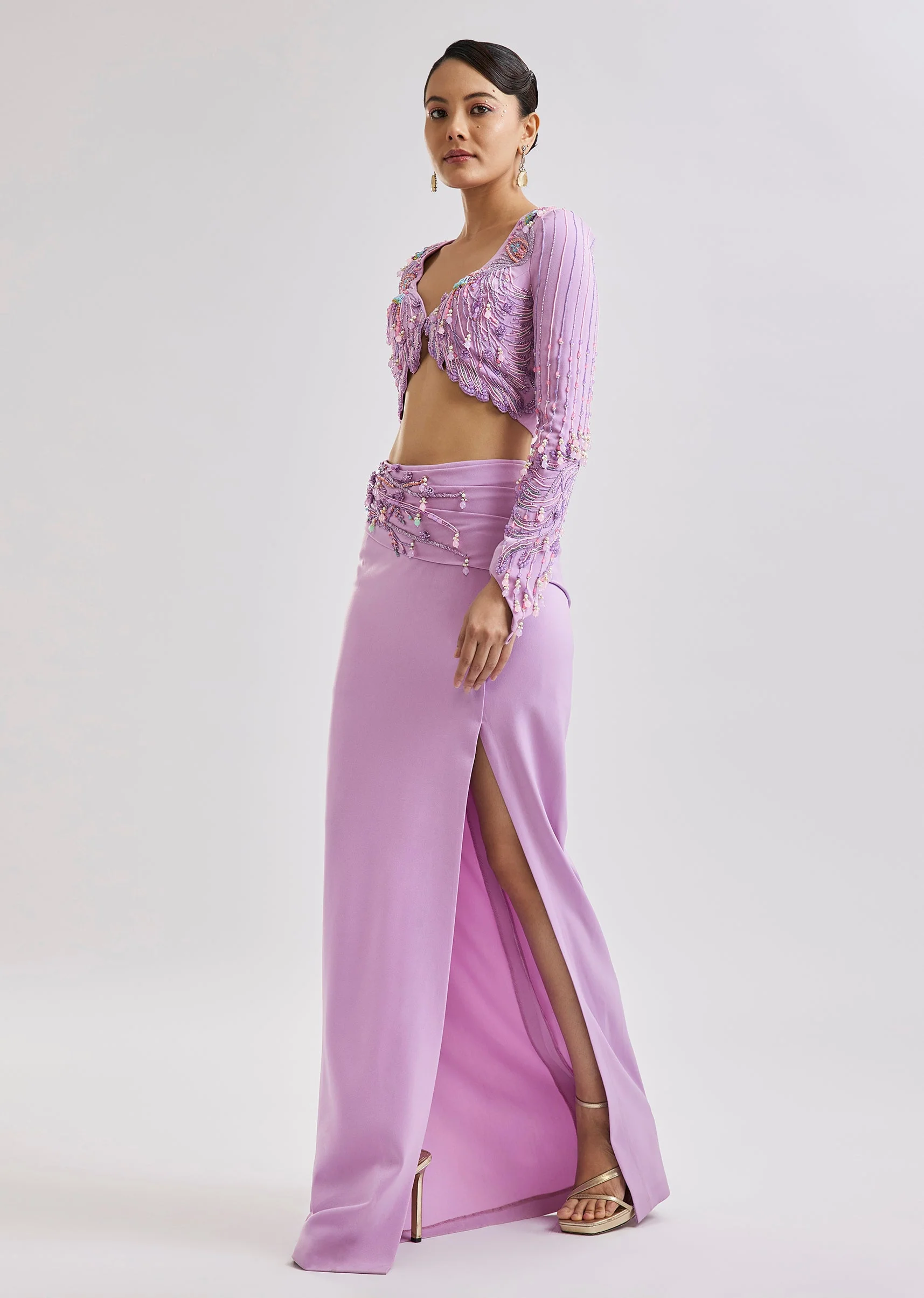Lilac Embroidered Blouse With Draped Skirt Set - Image 3