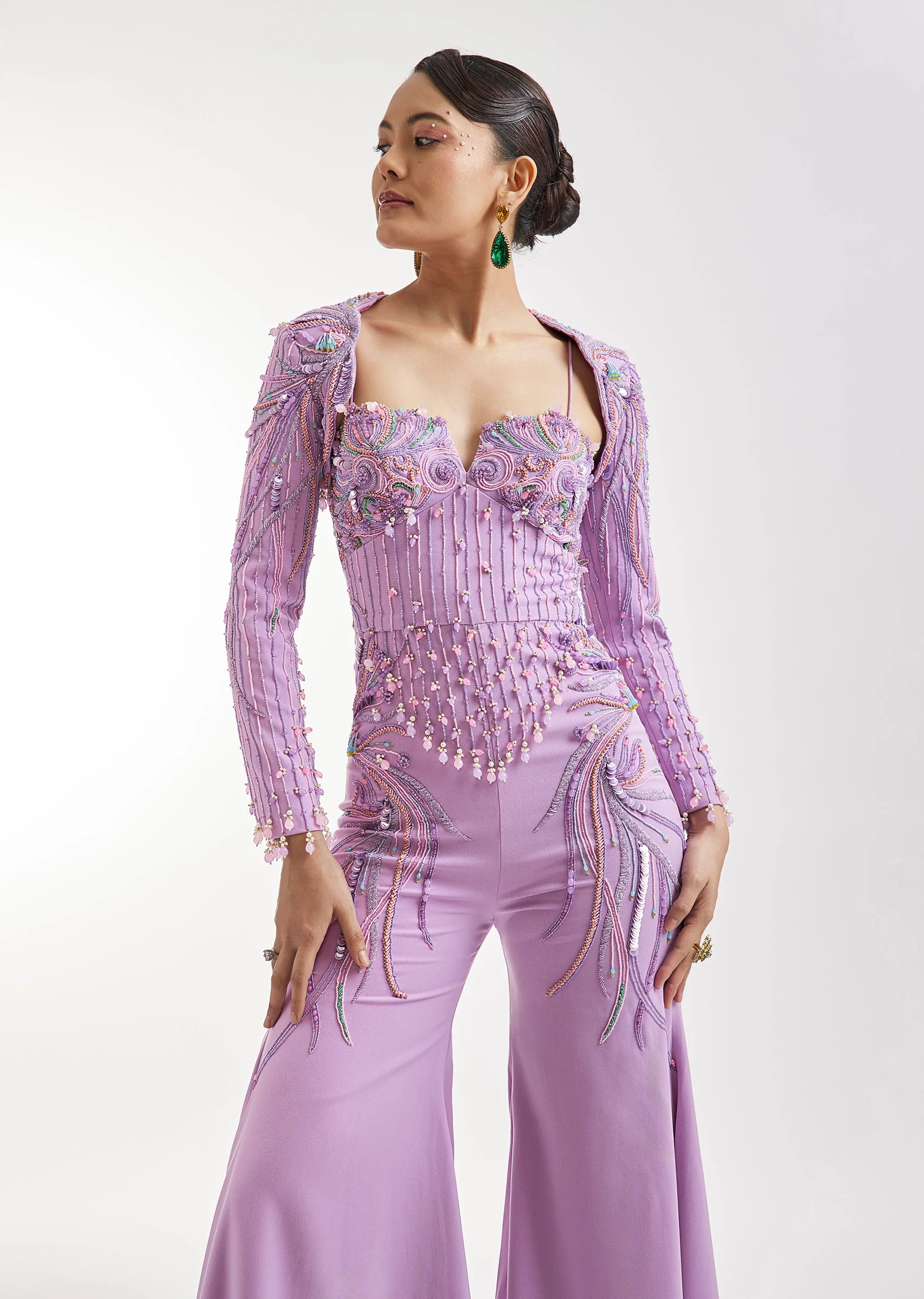 Lilac Embroidered Jumpsuit With Jacket - Image 5