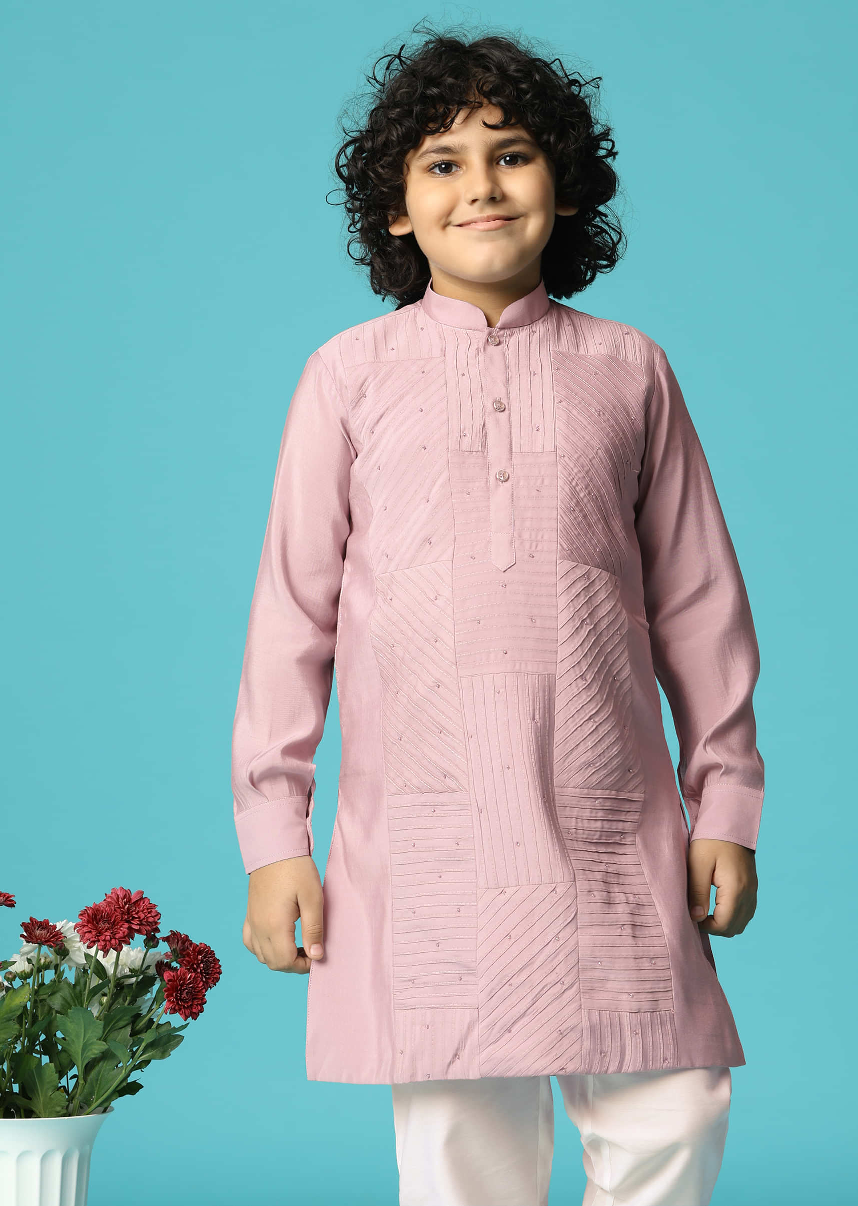 Lilac Embroidered Silk Kurta Pant For Boys - Image 2