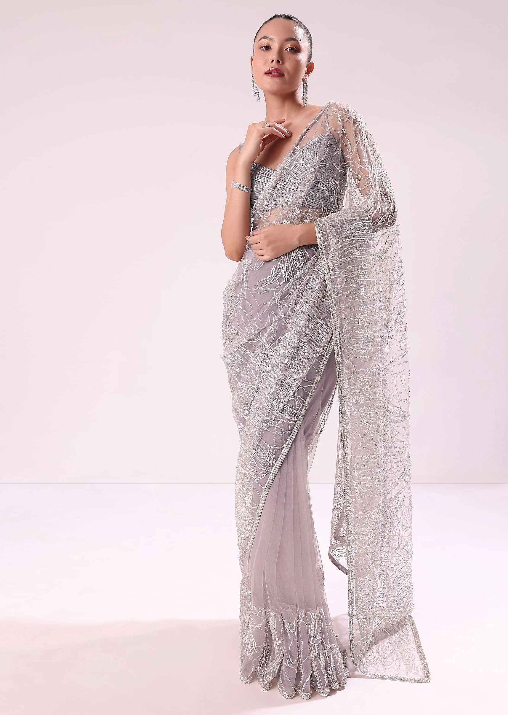 Lilac Fancy Sequence Net Saree With Ruched Stitched - Image 3