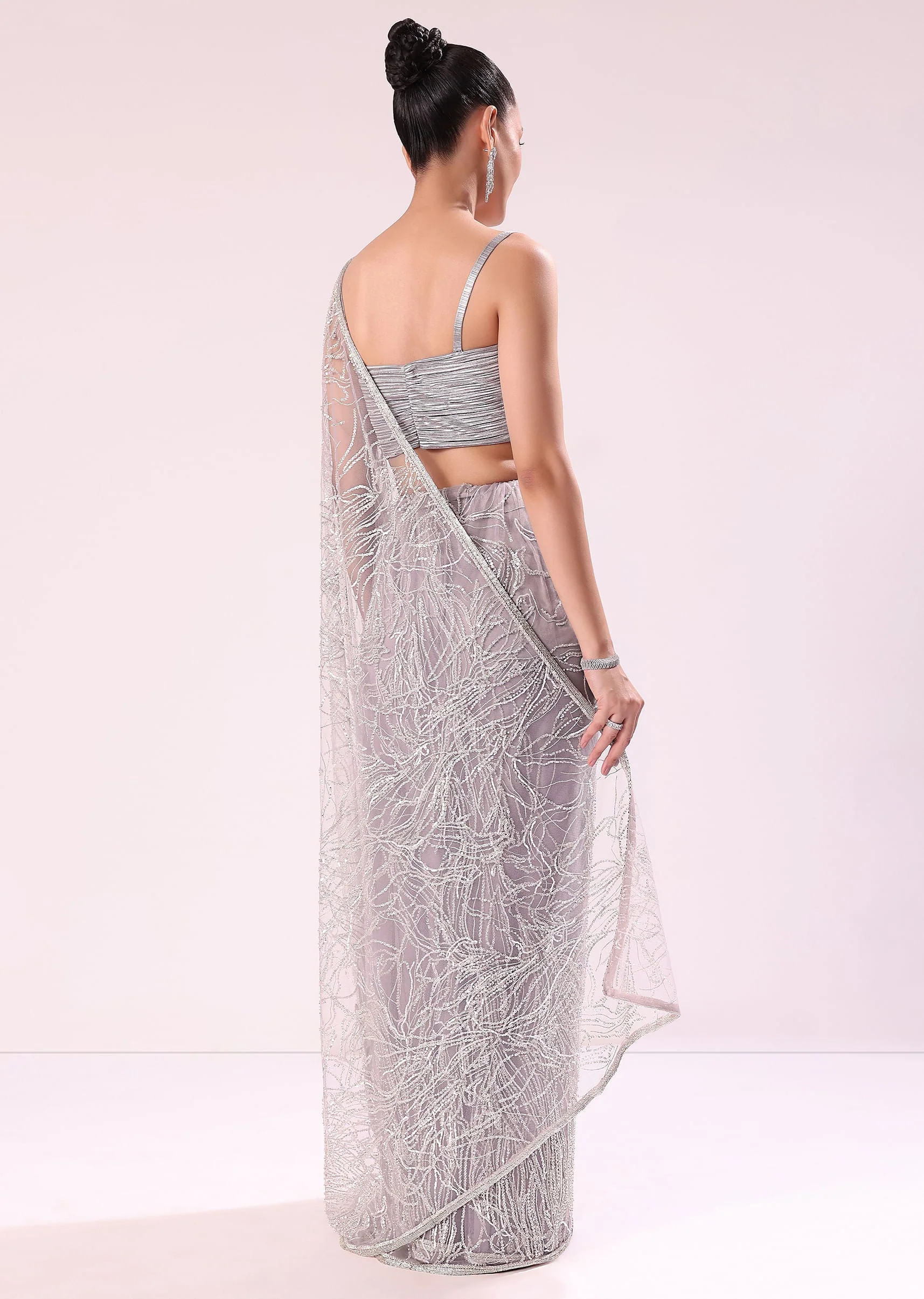 Lilac Fancy Sequence Net Saree With Ruched Stitched - Image 4