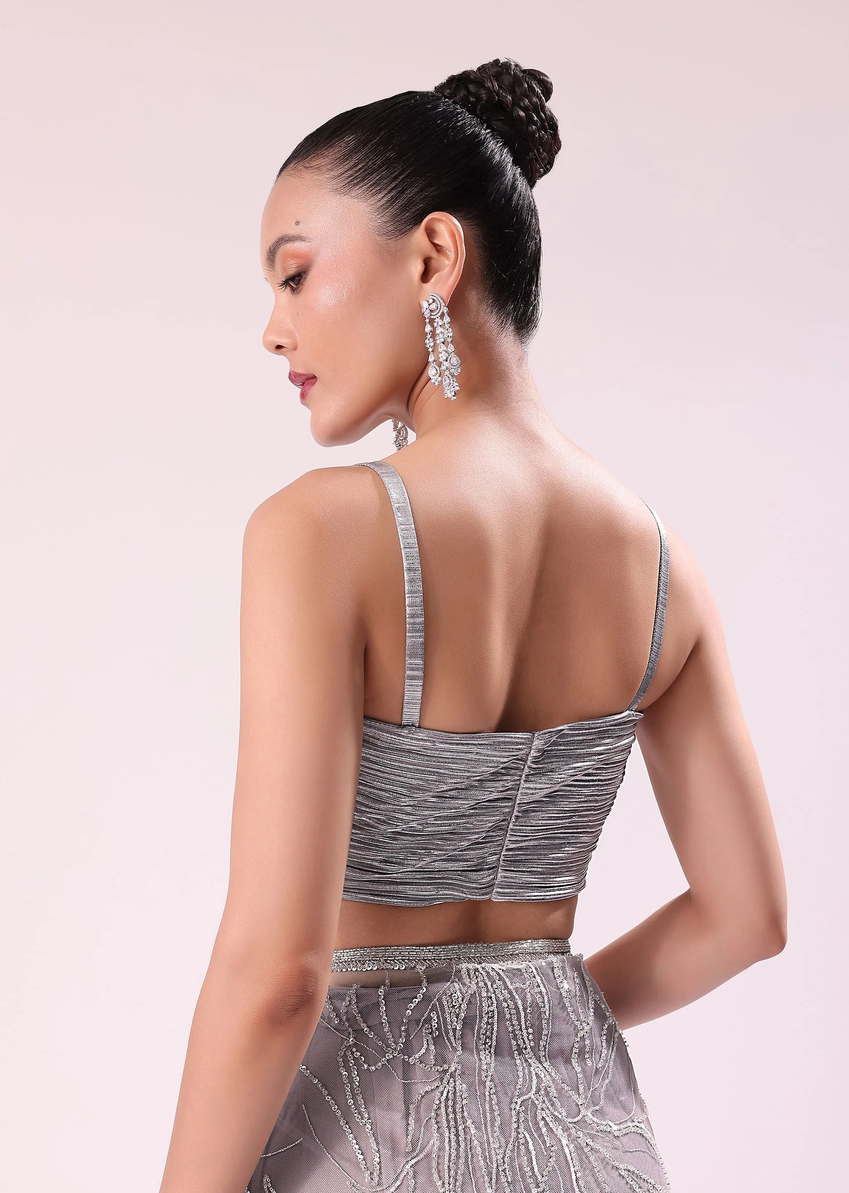 Lilac Fancy Sequence Net Saree With Ruched Stitched - Image 7