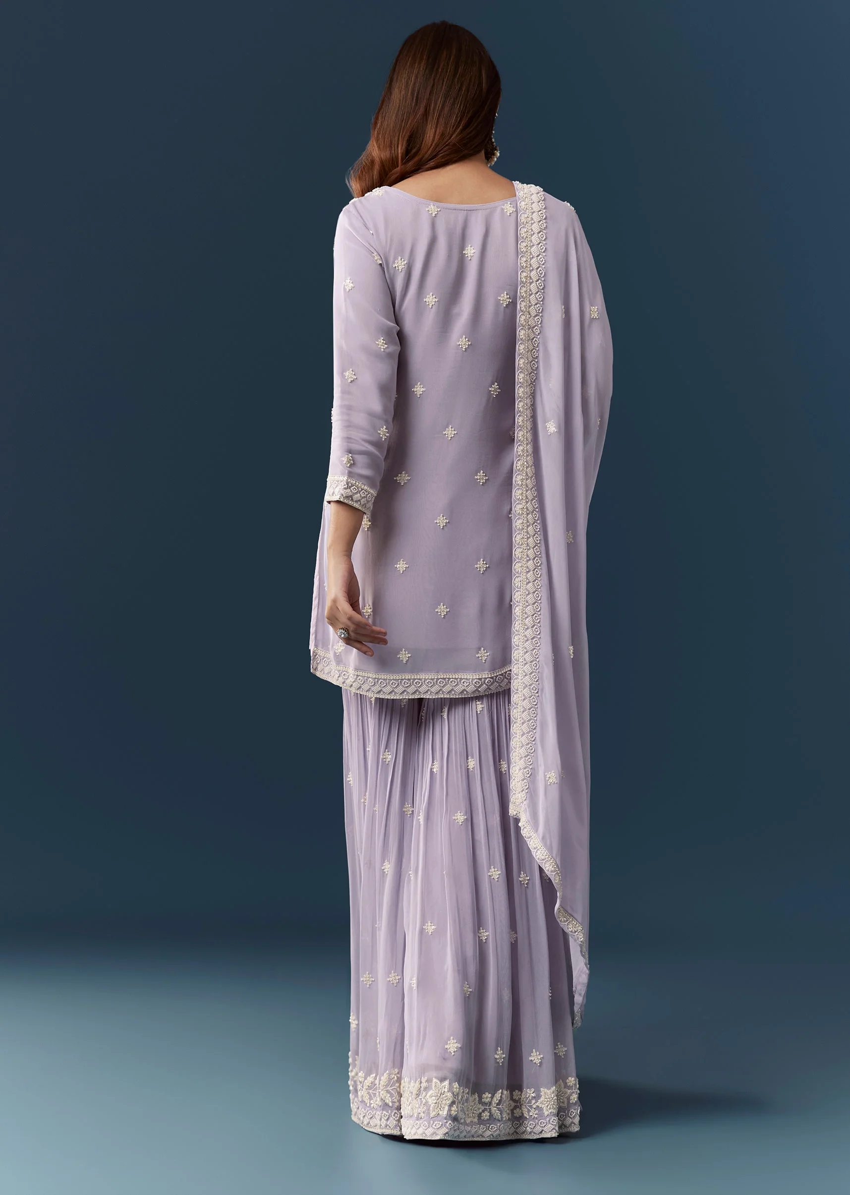 Lilac Georgette Embroidered Kurta Sharara Set - Image 5