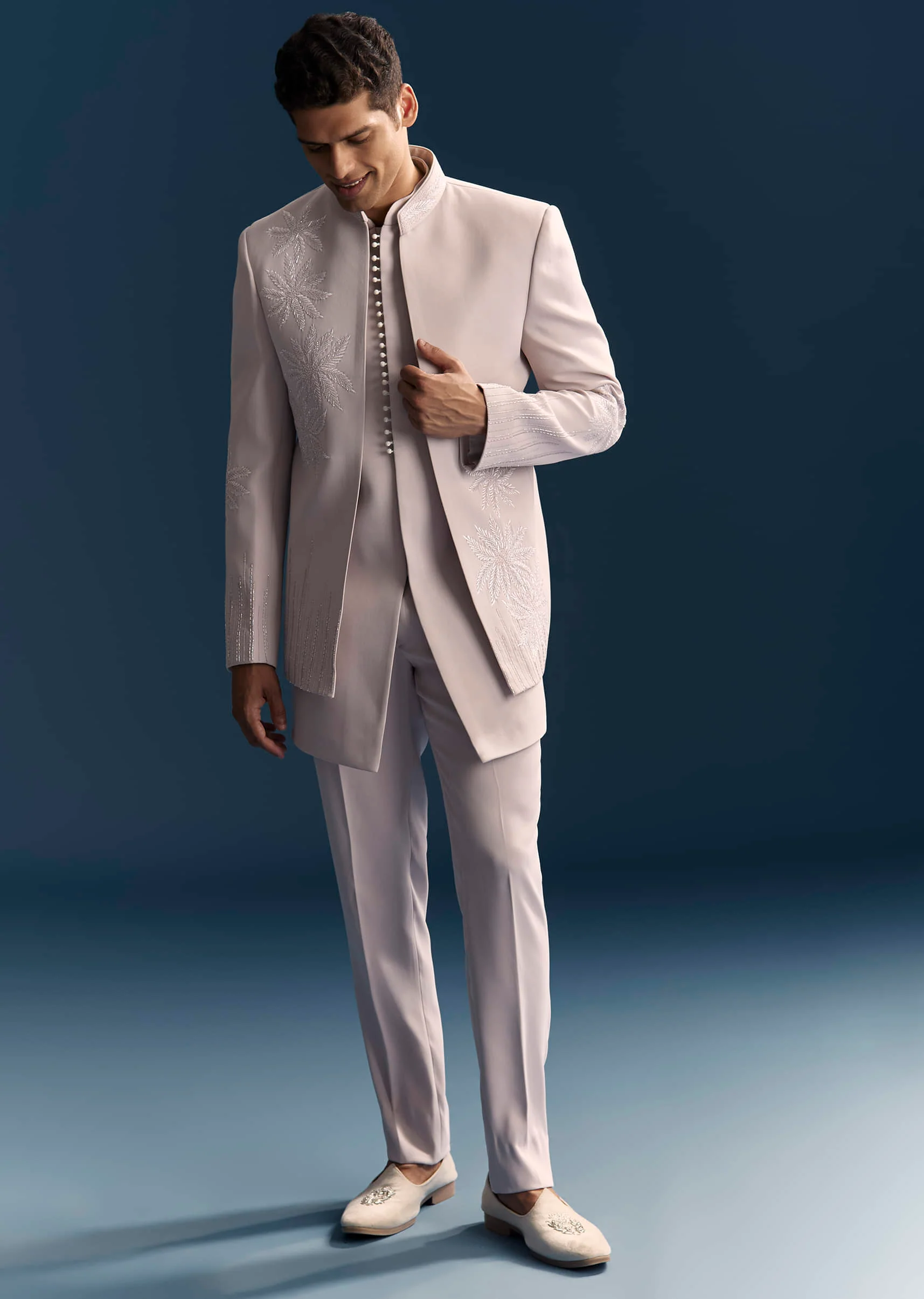 Lilac Indo Western Set For Men With Resham And Moti Work - Image 4