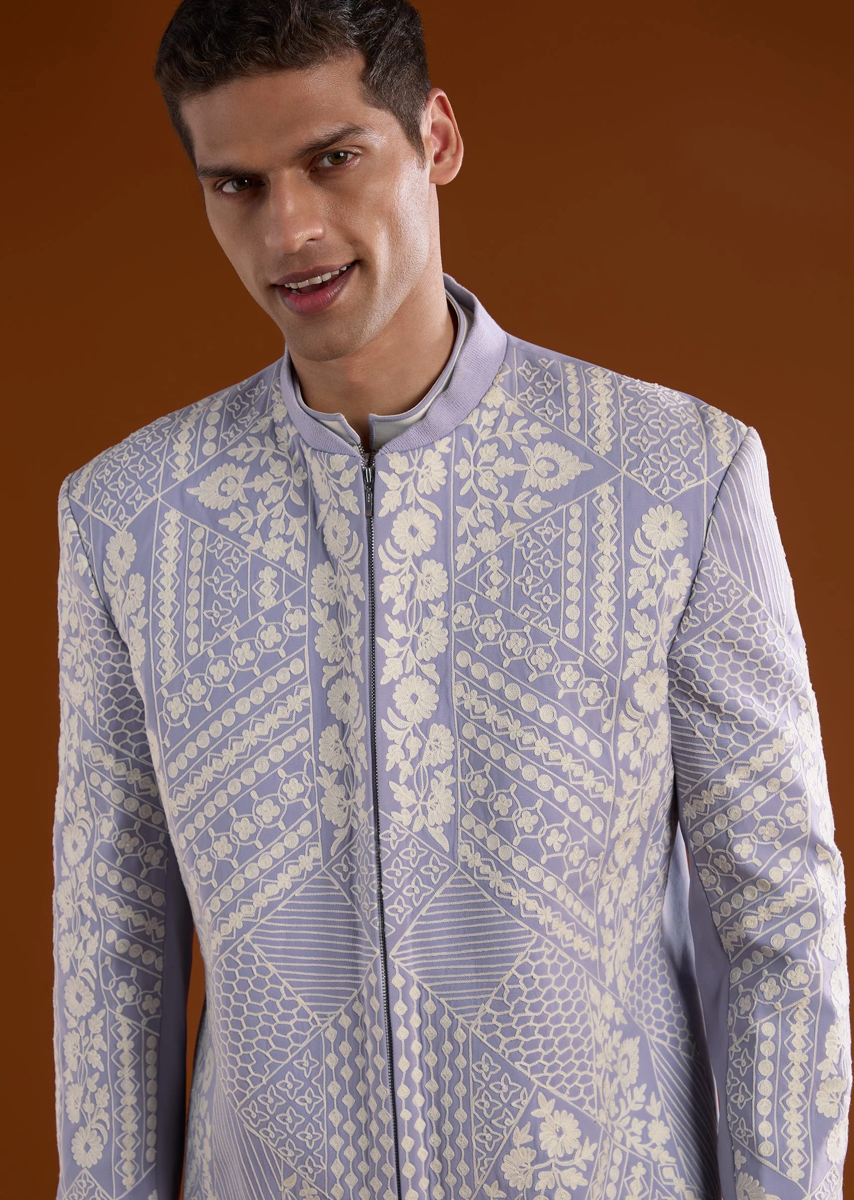Lilac Kurta Jacket Set With Thread Detail Work - Image 2