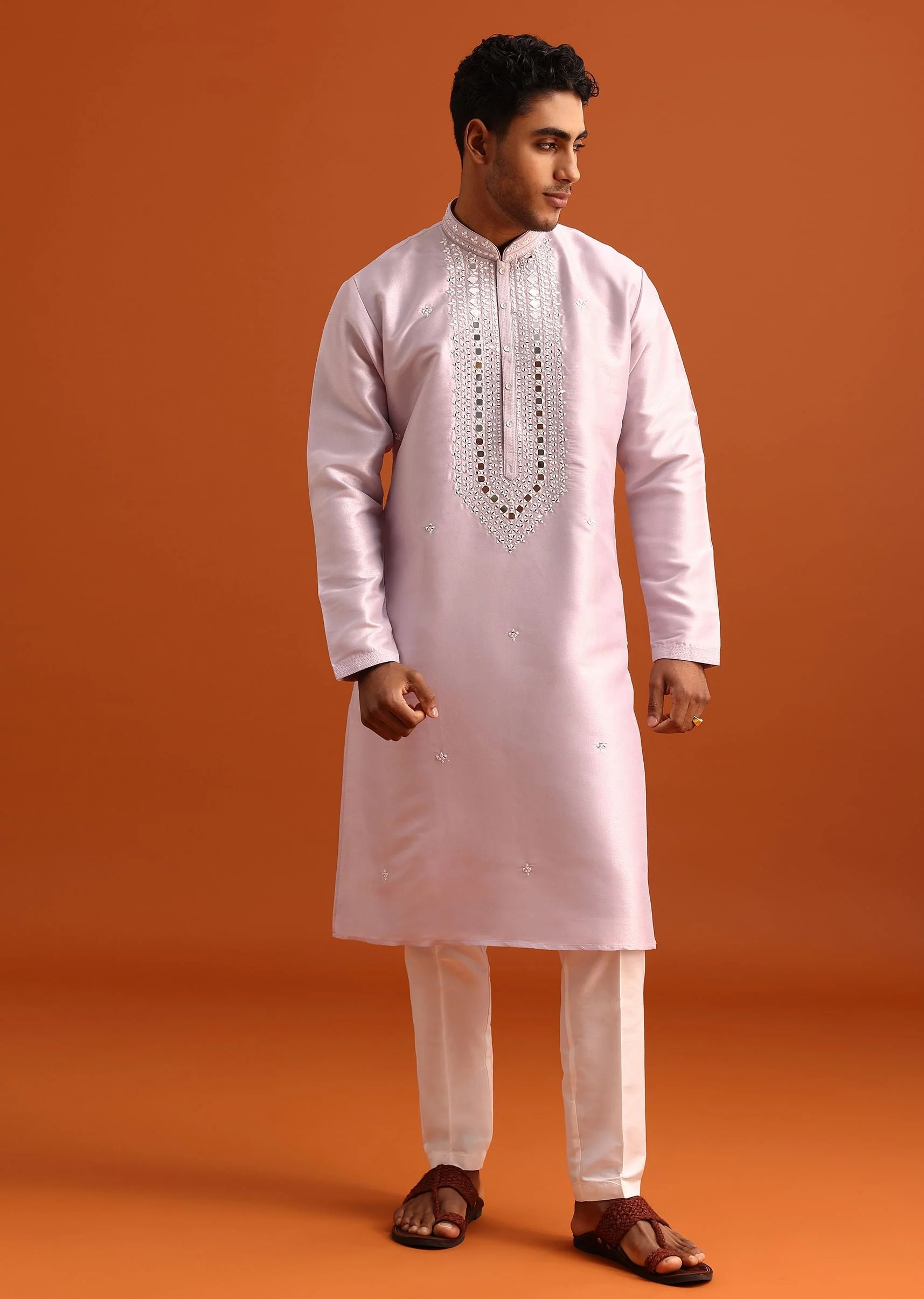 Lilac Kurta Pant Set In Silk With Mirror Embellishments - Image 2