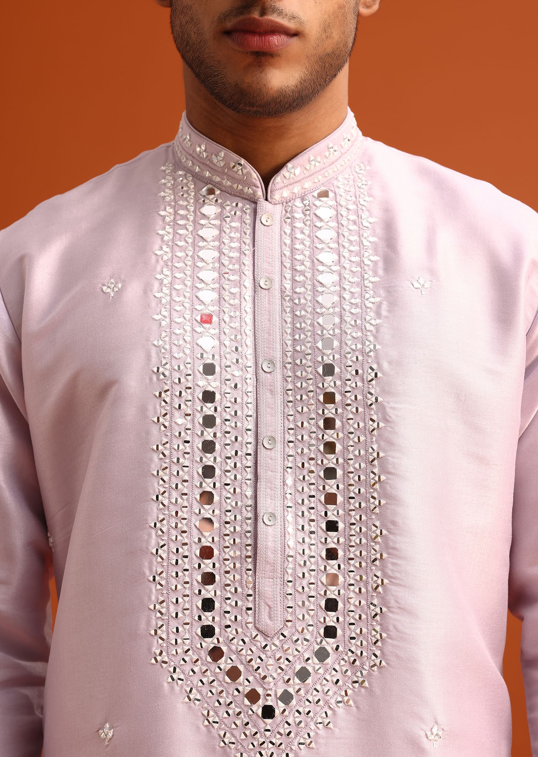 Lilac Kurta Pant Set In Silk With Mirror Embellishments - Image 3