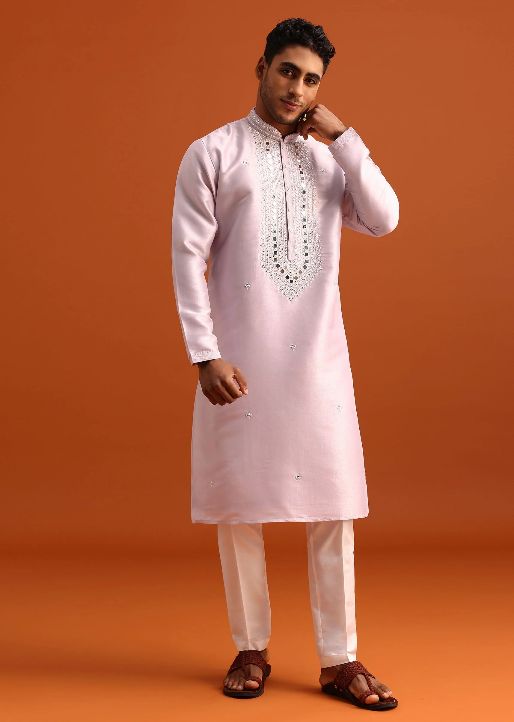 Lilac Kurta Pant Set In Silk With Mirror Embellishments - Image 4