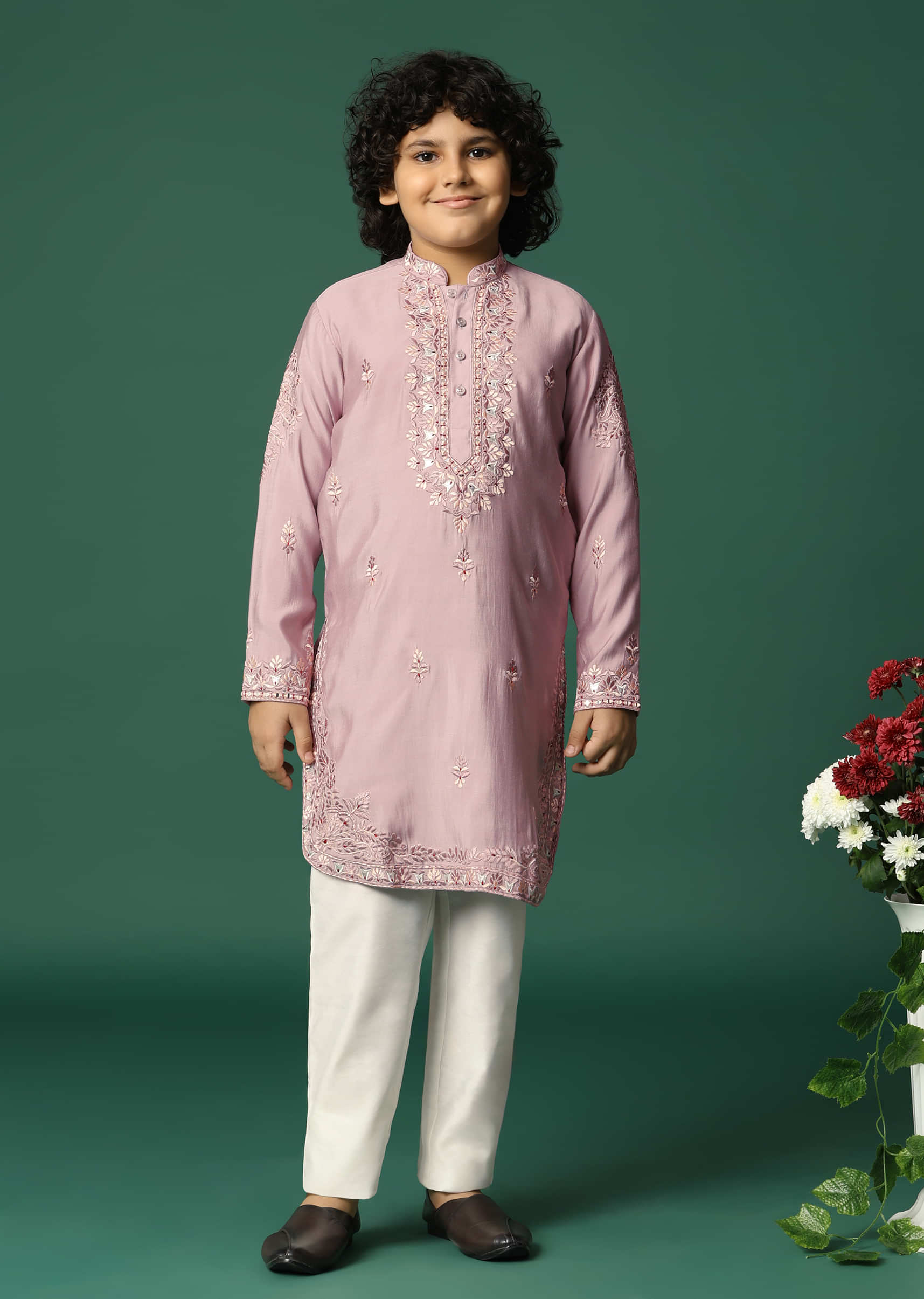 Lilac Kurta Pant With Resham Work For Boys - Image 3