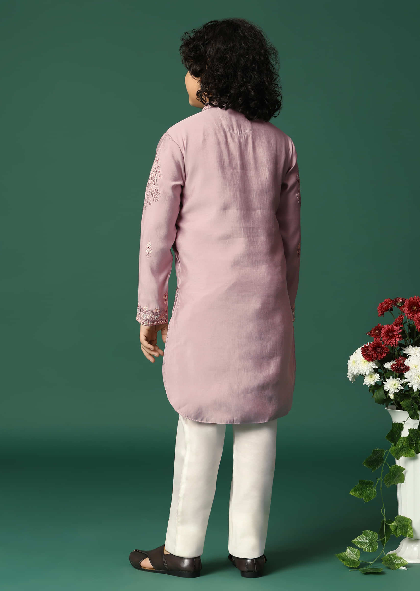 Lilac Kurta Pant With Resham Work For Boys - Image 5