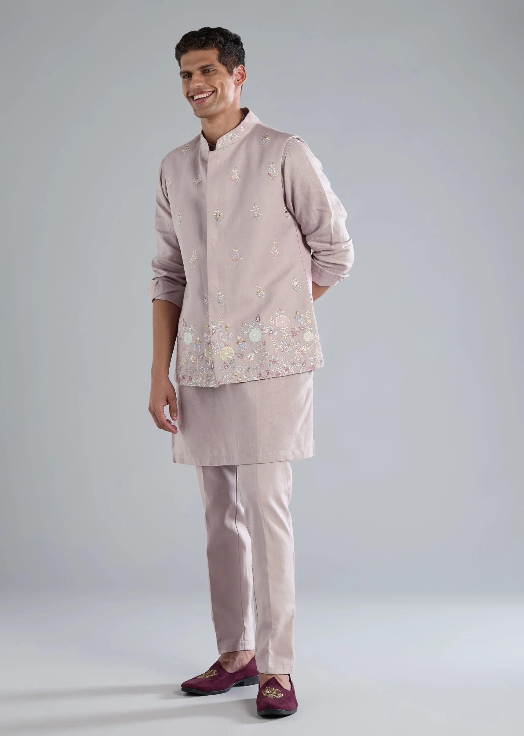 Lilac Linen Kurta Jacket Set With Thread Resham Work - Image 3