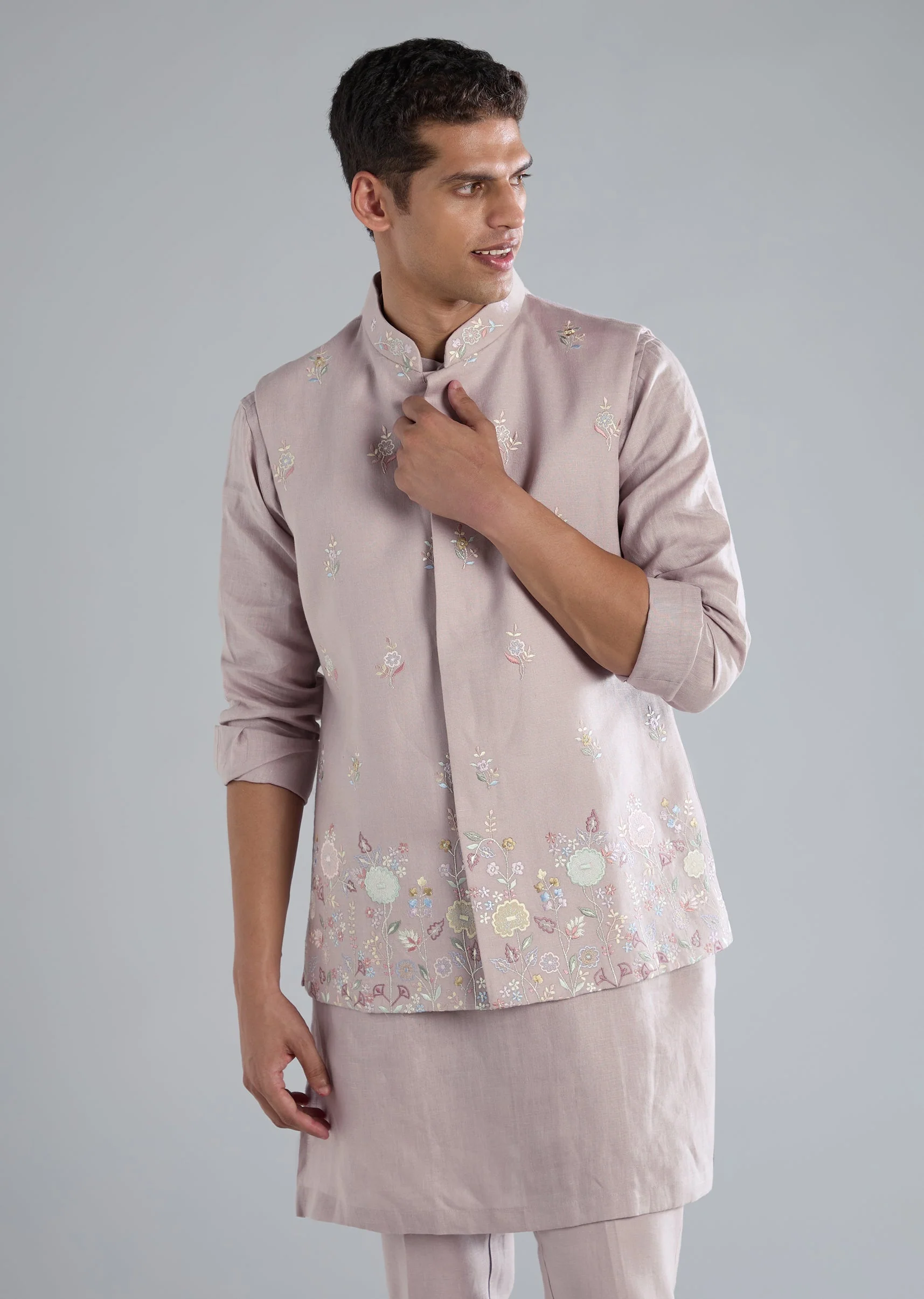 Lilac Linen Kurta Jacket Set With Thread Resham Work - Image 4