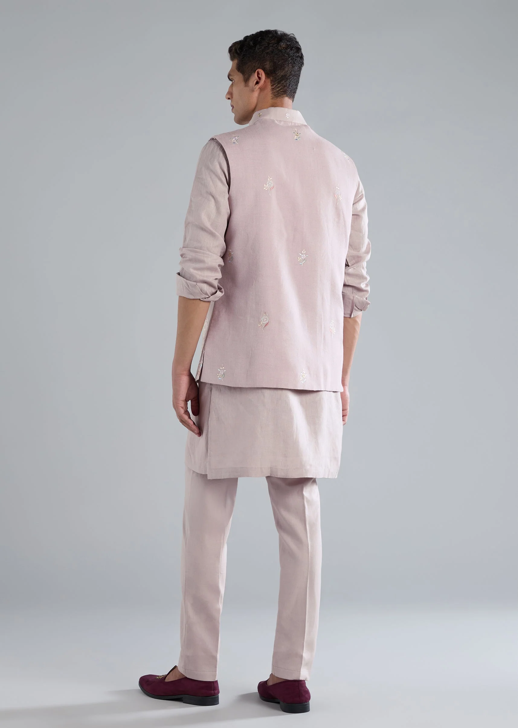 Lilac Linen Kurta Jacket Set With Thread Resham Work - Image 5