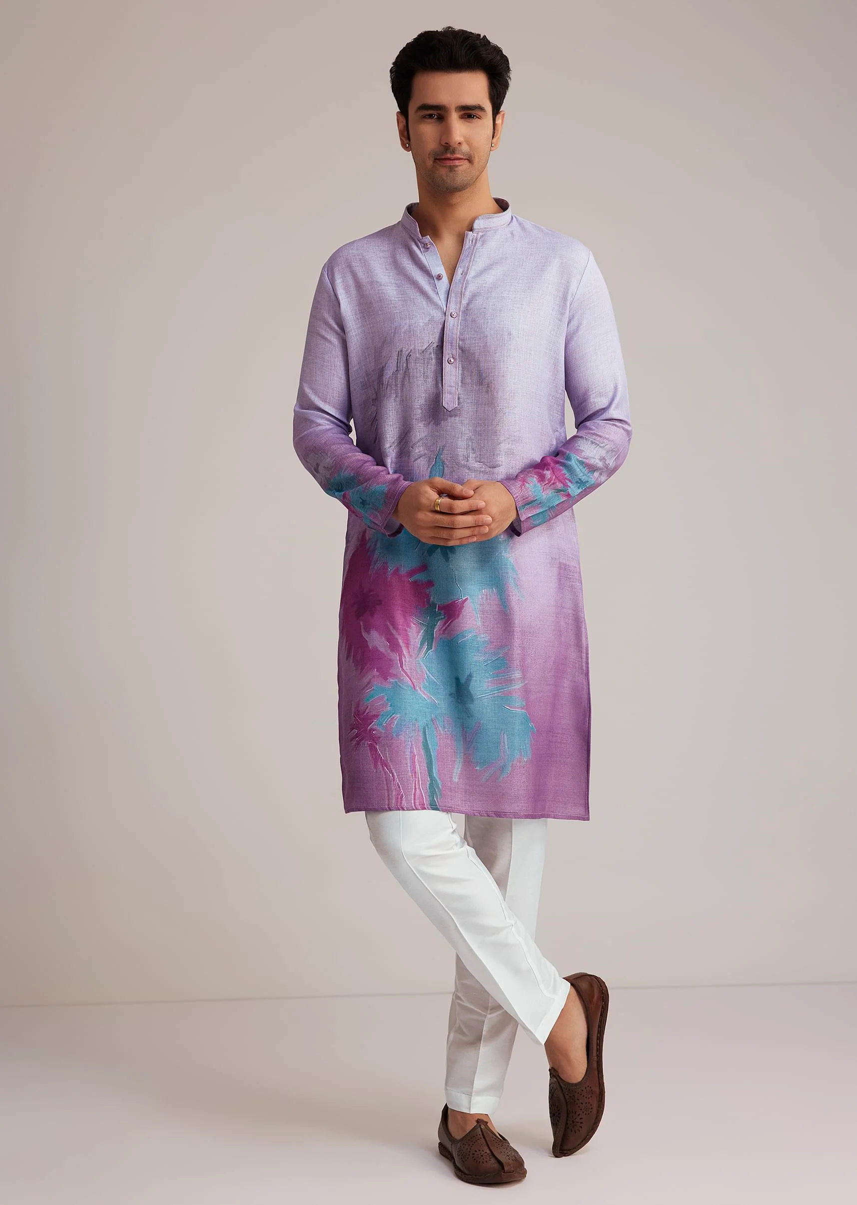 Lilac Linen Kurta Set With Ombre Abstract Print - Image 3