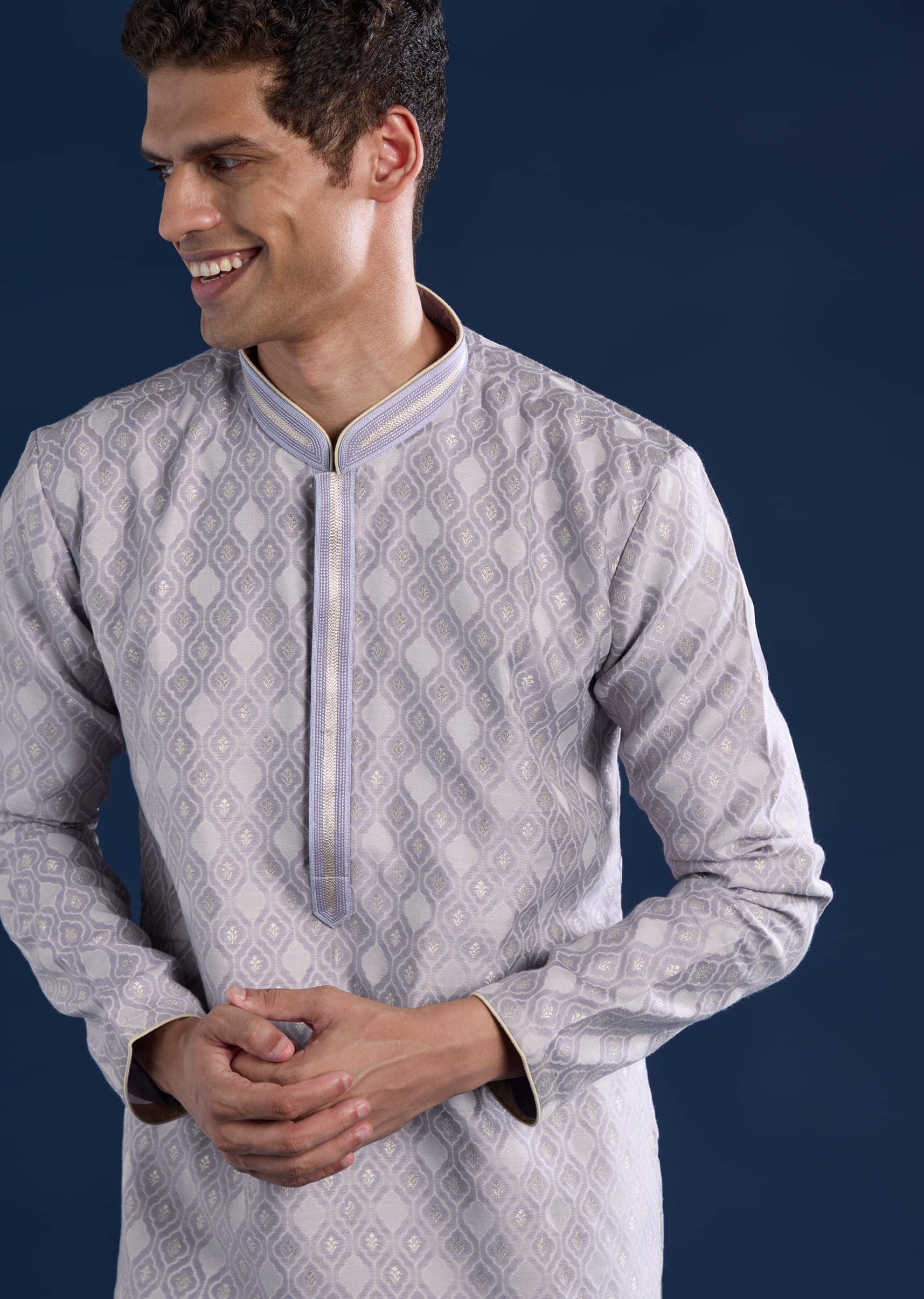 Lilac Mens Jacquard Self Work Kurta and Pant Set - Image 2