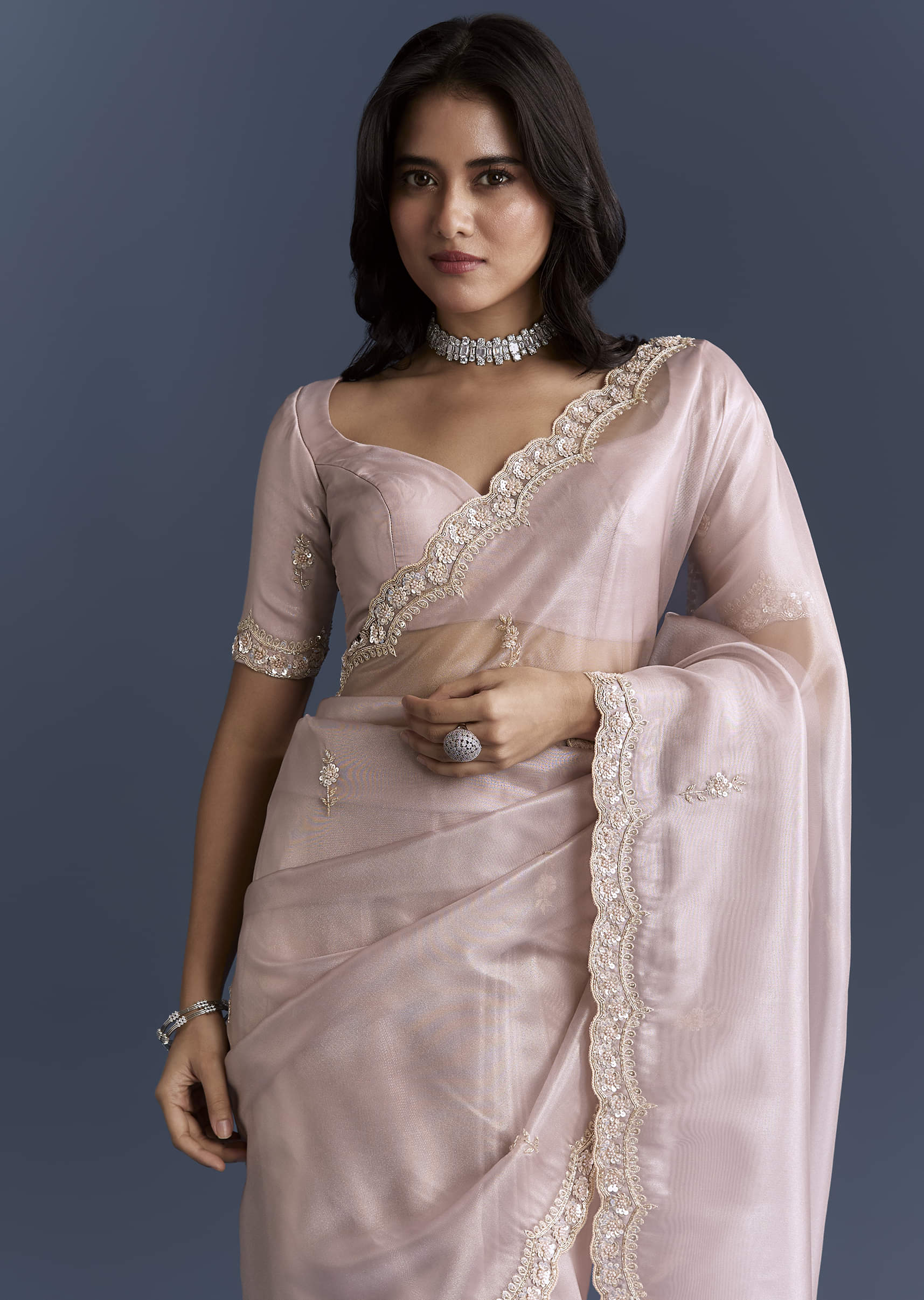 Lilac Net Saree With Heavy Hand Embroidery - Image 5
