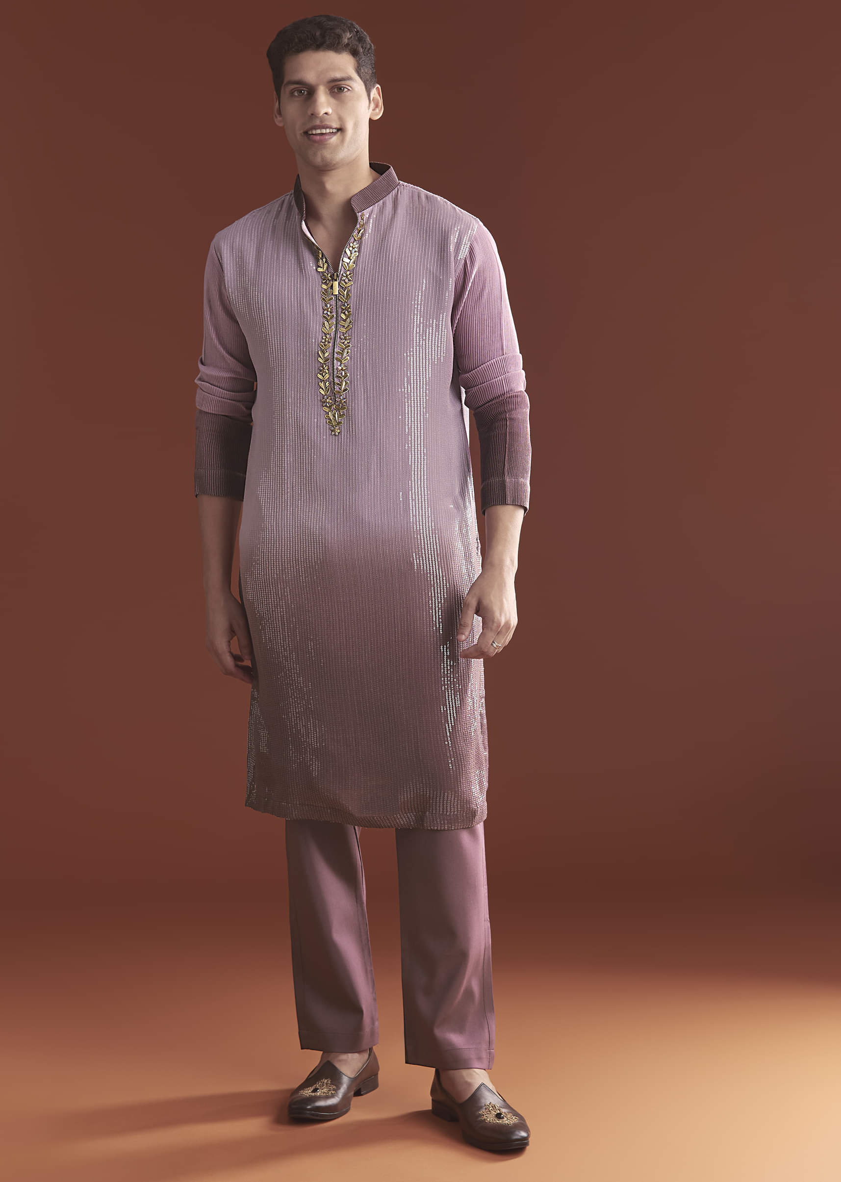 Lilac Ombre Kurta Set For Men With Sequins Embroidery - Image 4