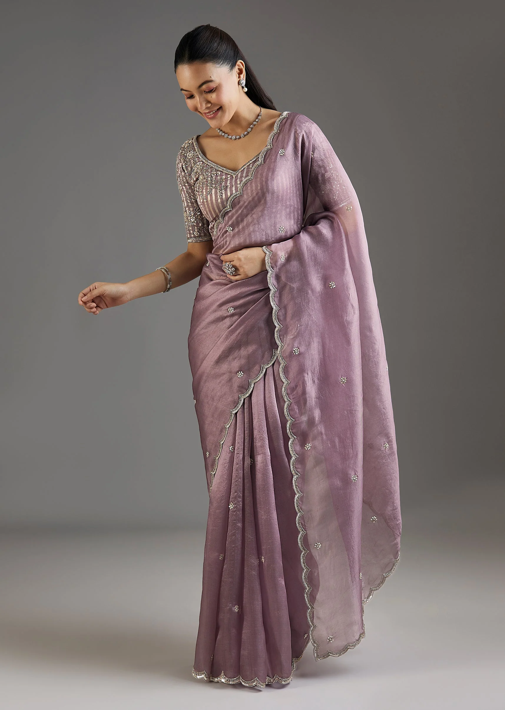 Lilac Organza Saree With Embellished Scallop Border - Image 3