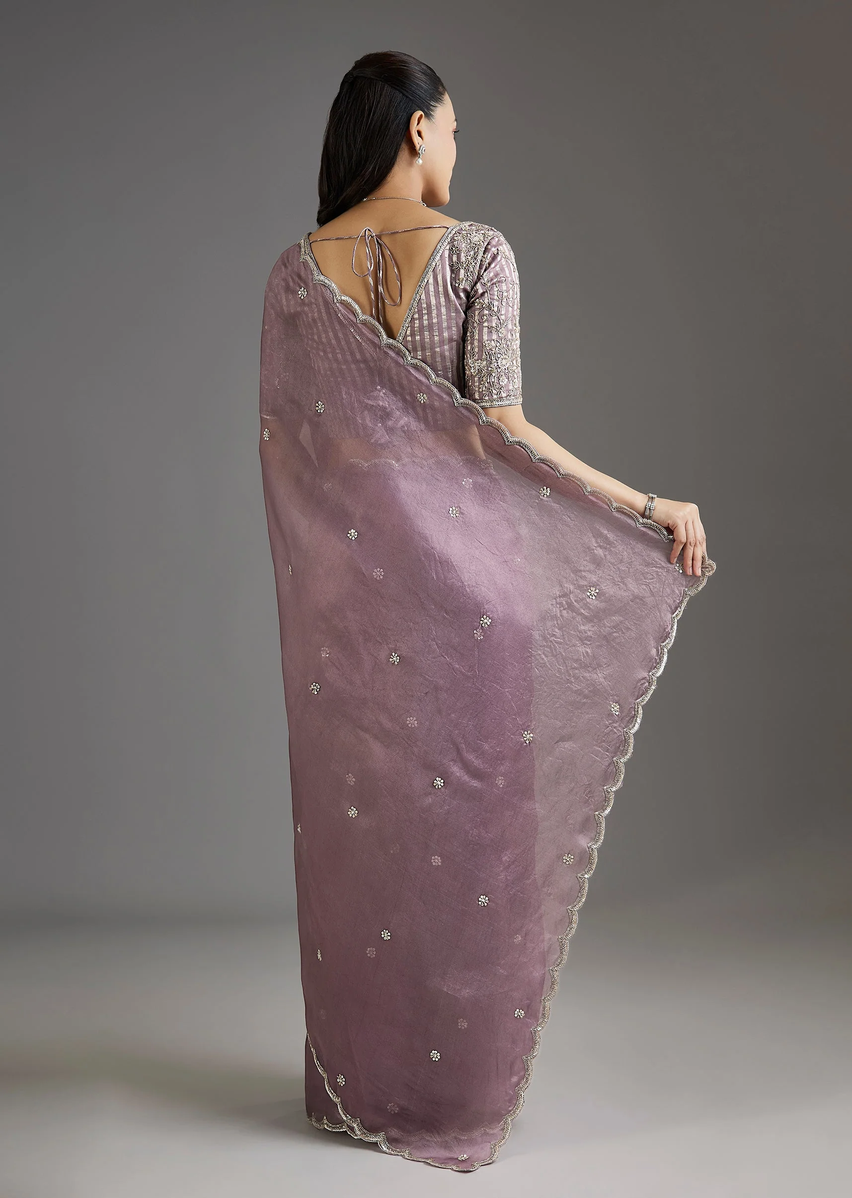 Lilac Organza Saree With Embellished Scallop Border - Image 4