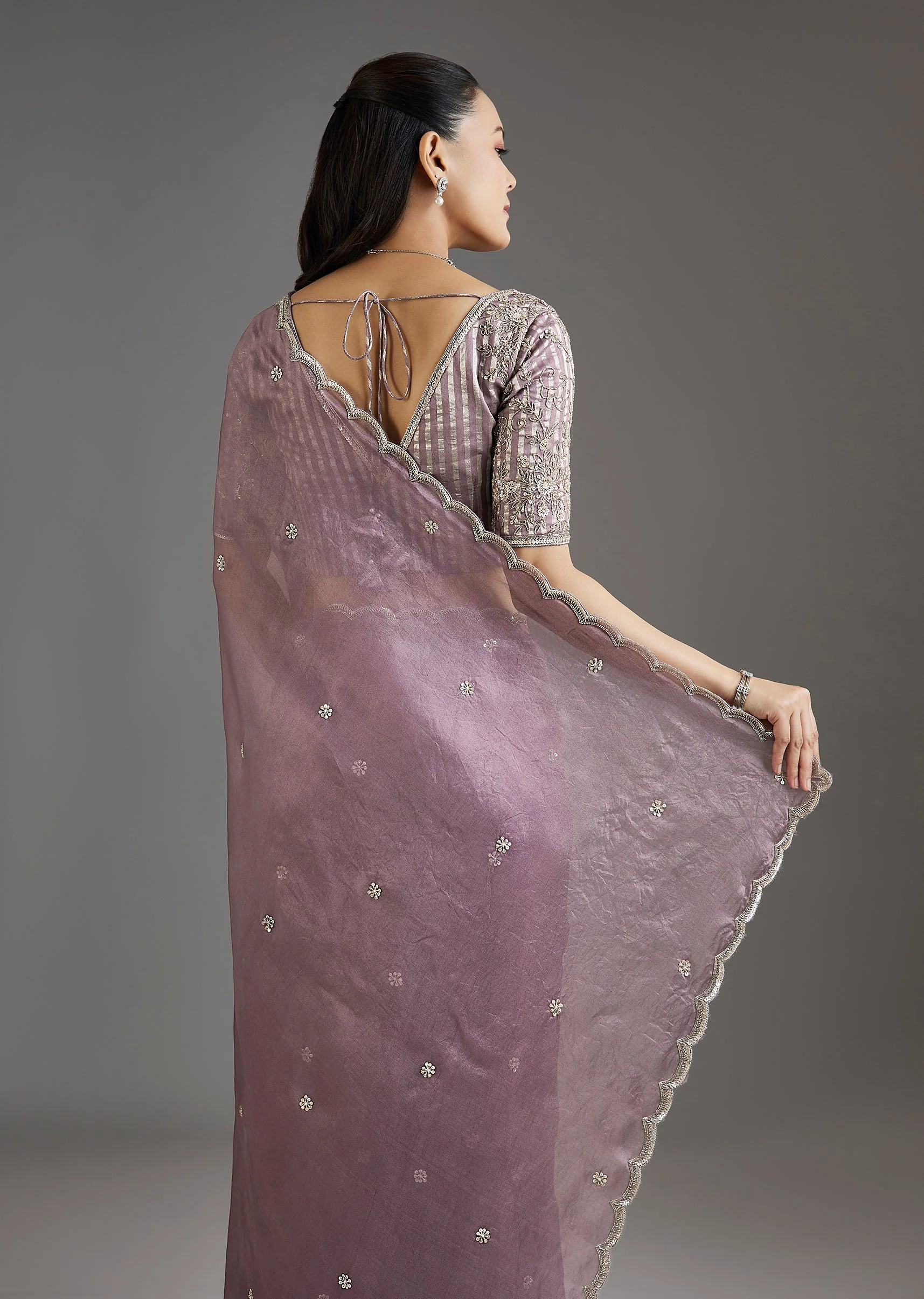 Lilac Organza Saree With Embellished Scallop Border - Image 6