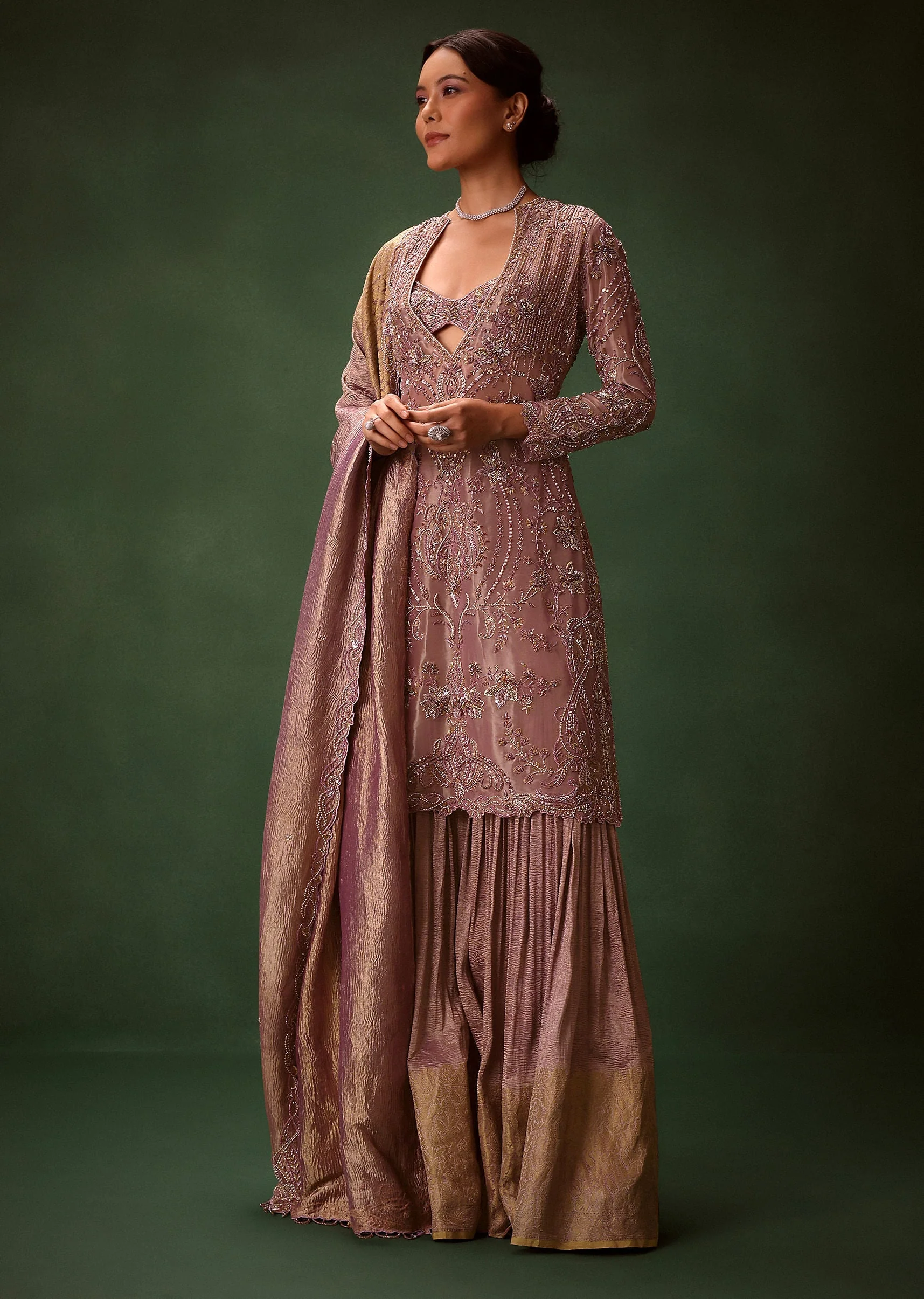 Lilac Platinum Tissue Kurti Set With Hand Embroidered Gharara Pants And Dupatta - Image 2