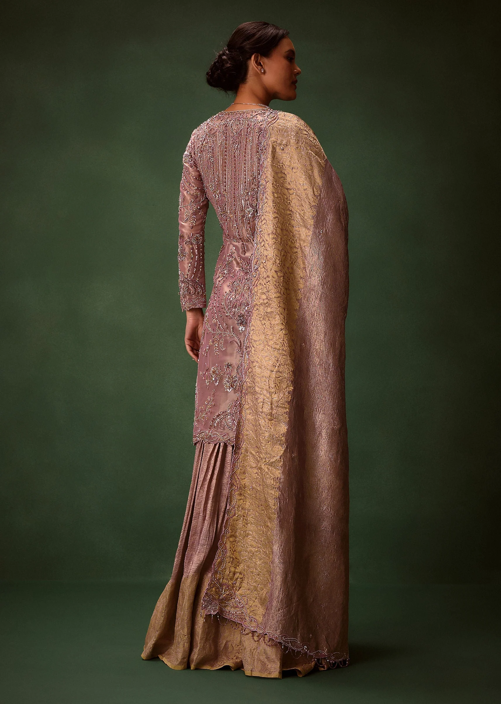Lilac Platinum Tissue Kurti Set With Hand Embroidered Gharara Pants And Dupatta - Image 5