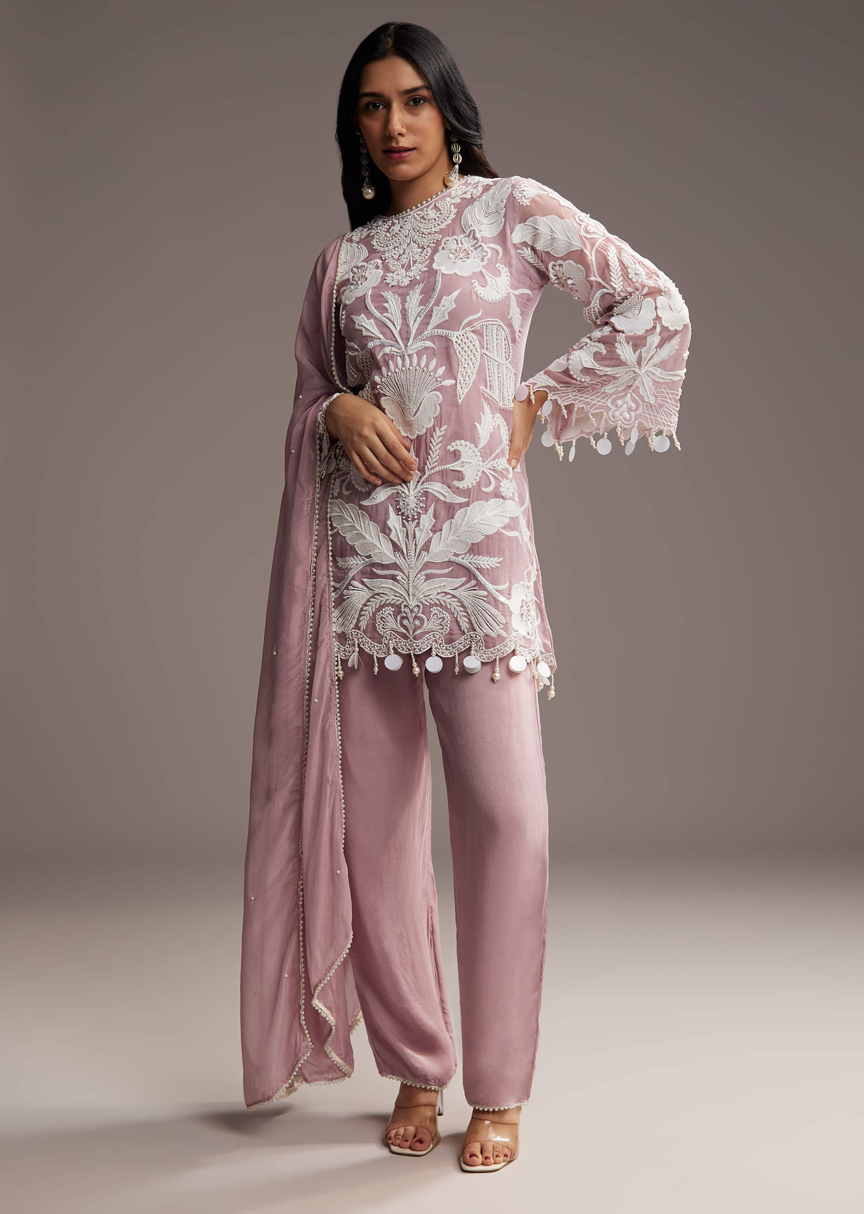 Lilac Purple Organza Kurta Set With Thread And Moti Work - Image 2