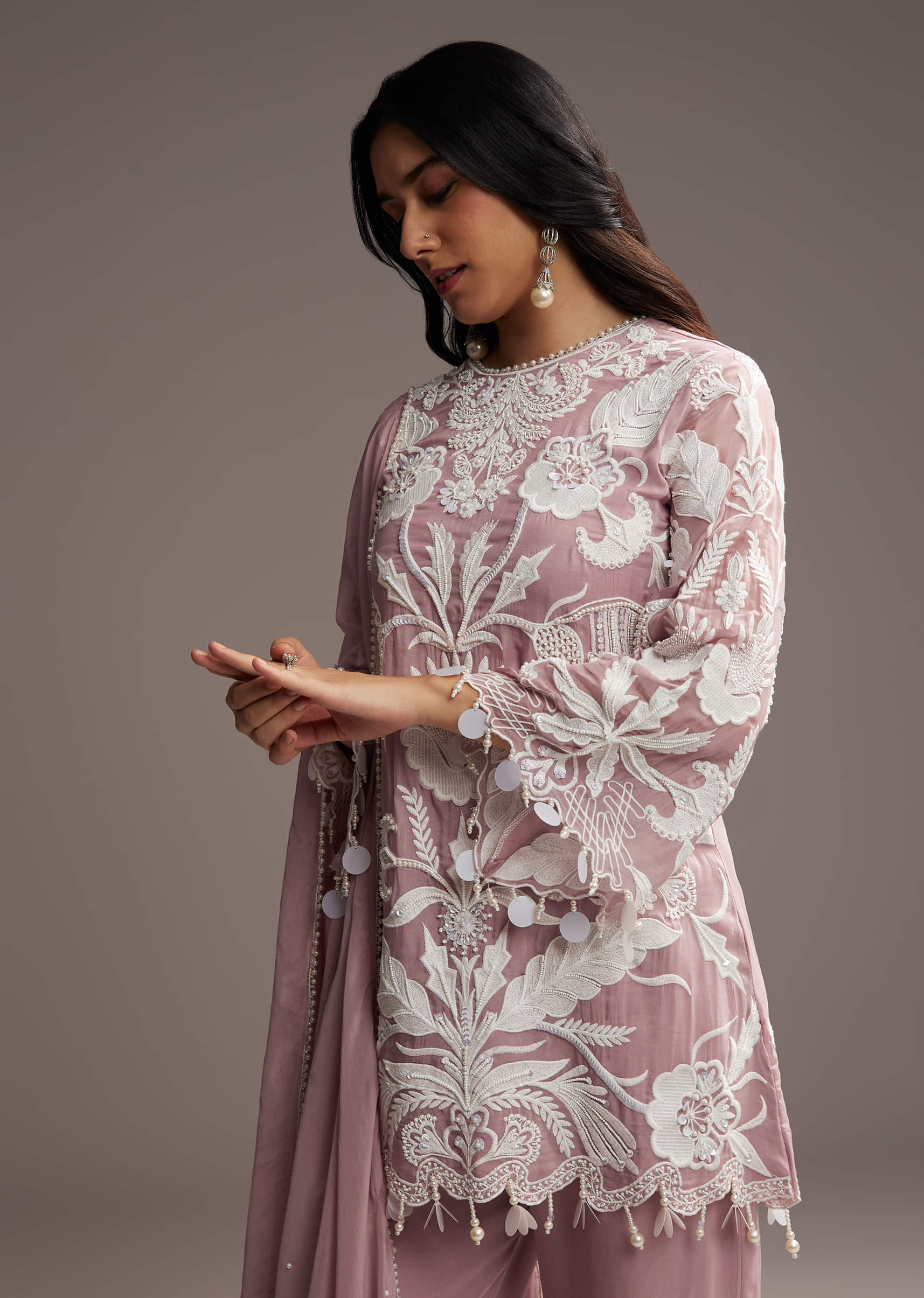 Lilac Purple Organza Kurta Set With Thread And Moti Work - Image 3