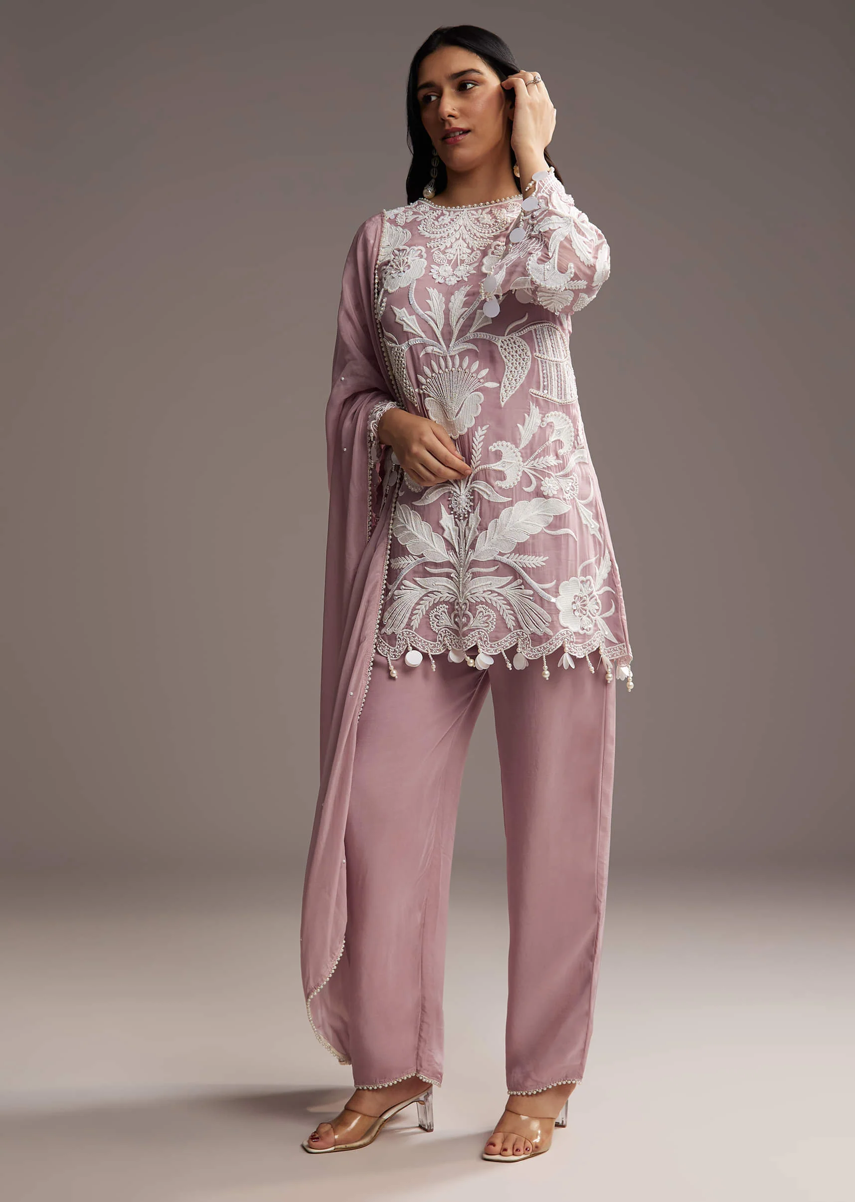 Lilac Purple Organza Kurta Set With Thread And Moti Work - Image 4