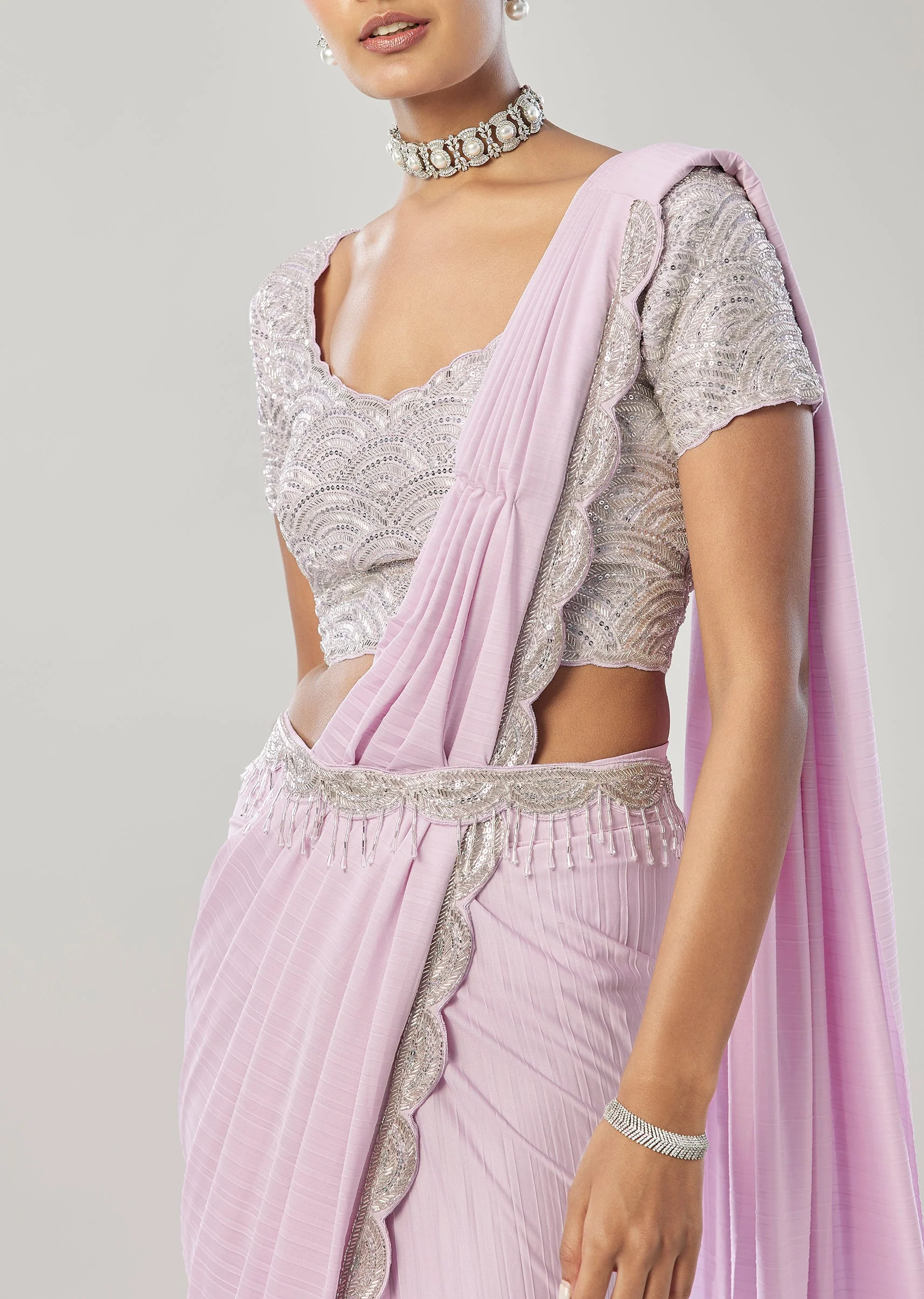 Lilac Ready Pleated Saree With Belt - Image 2