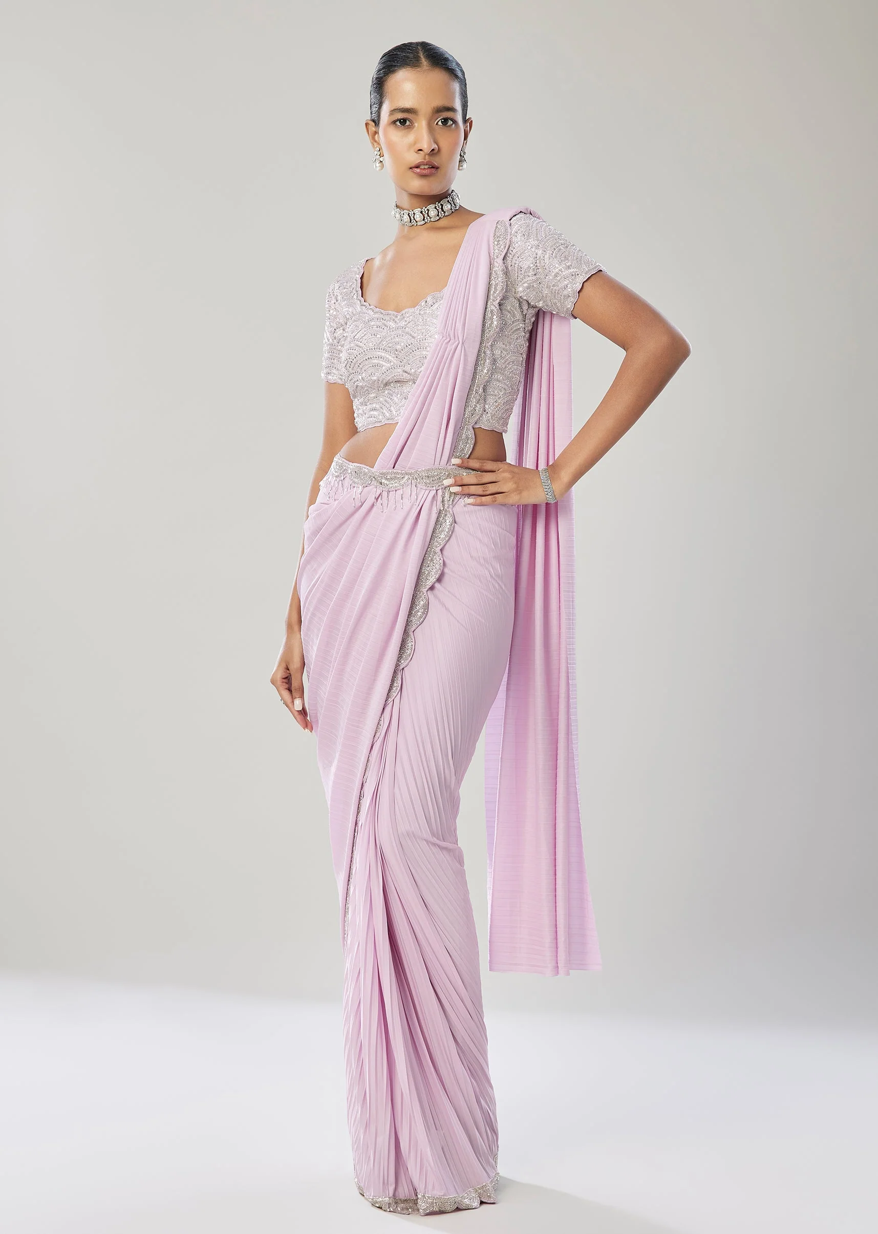 Lilac Ready Pleated Saree With Belt - Image 3