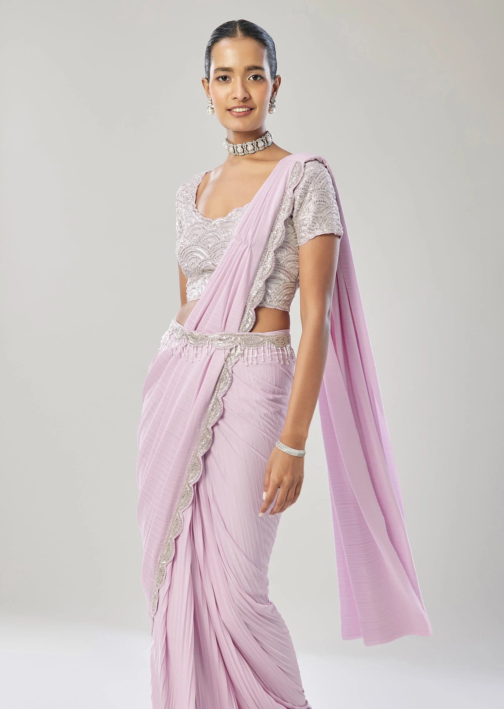 Lilac Ready Pleated Saree With Belt - Image 4