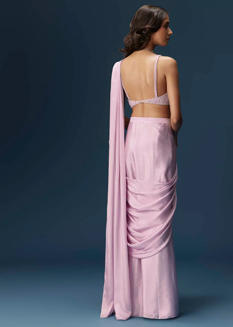 Lilac Ready Pleated Saree With Embellished Blouse And Belt - Image 2