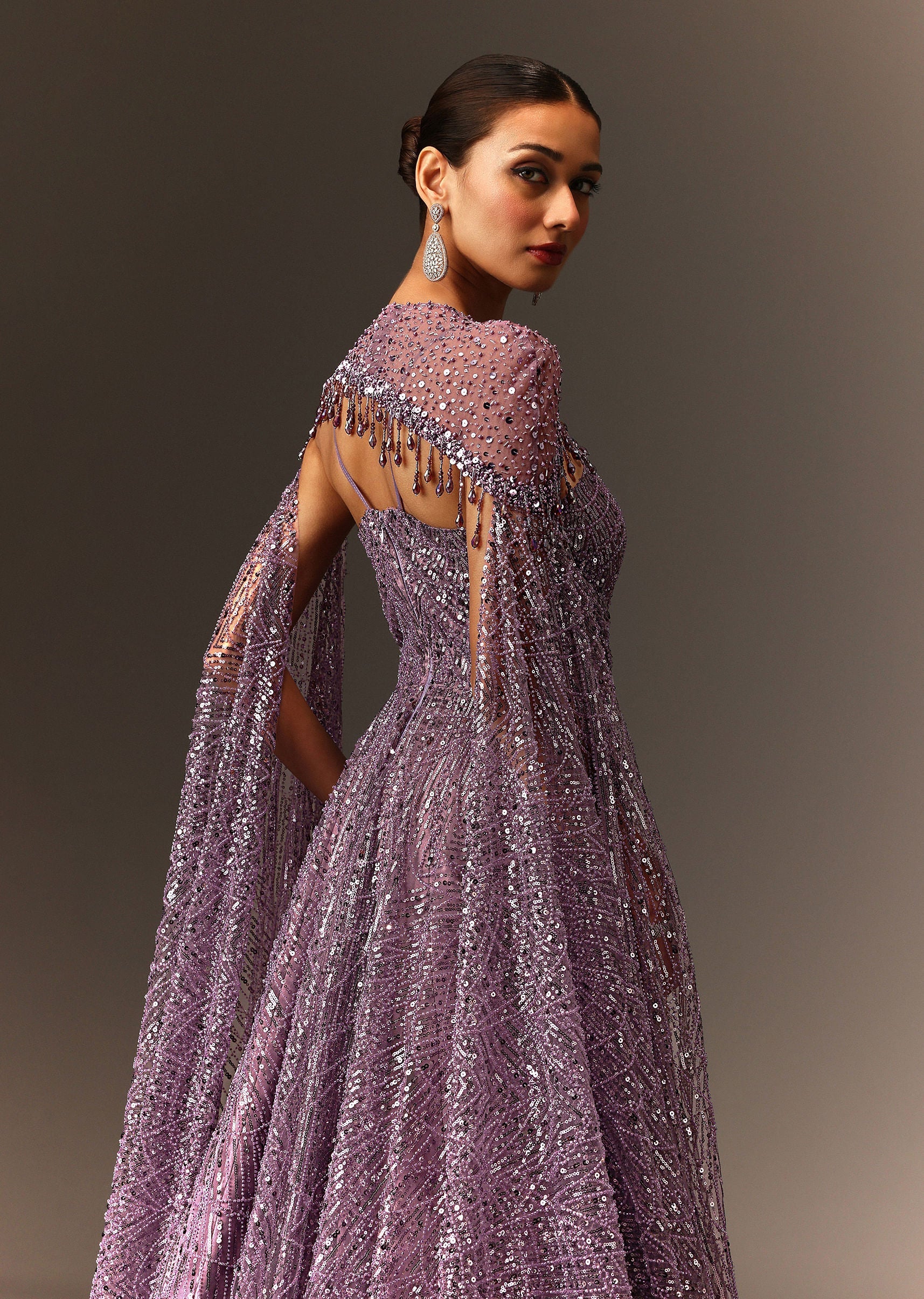 Lilac Sequin Gown With Attached Cheeta Work Cape Sleeves - Image 4