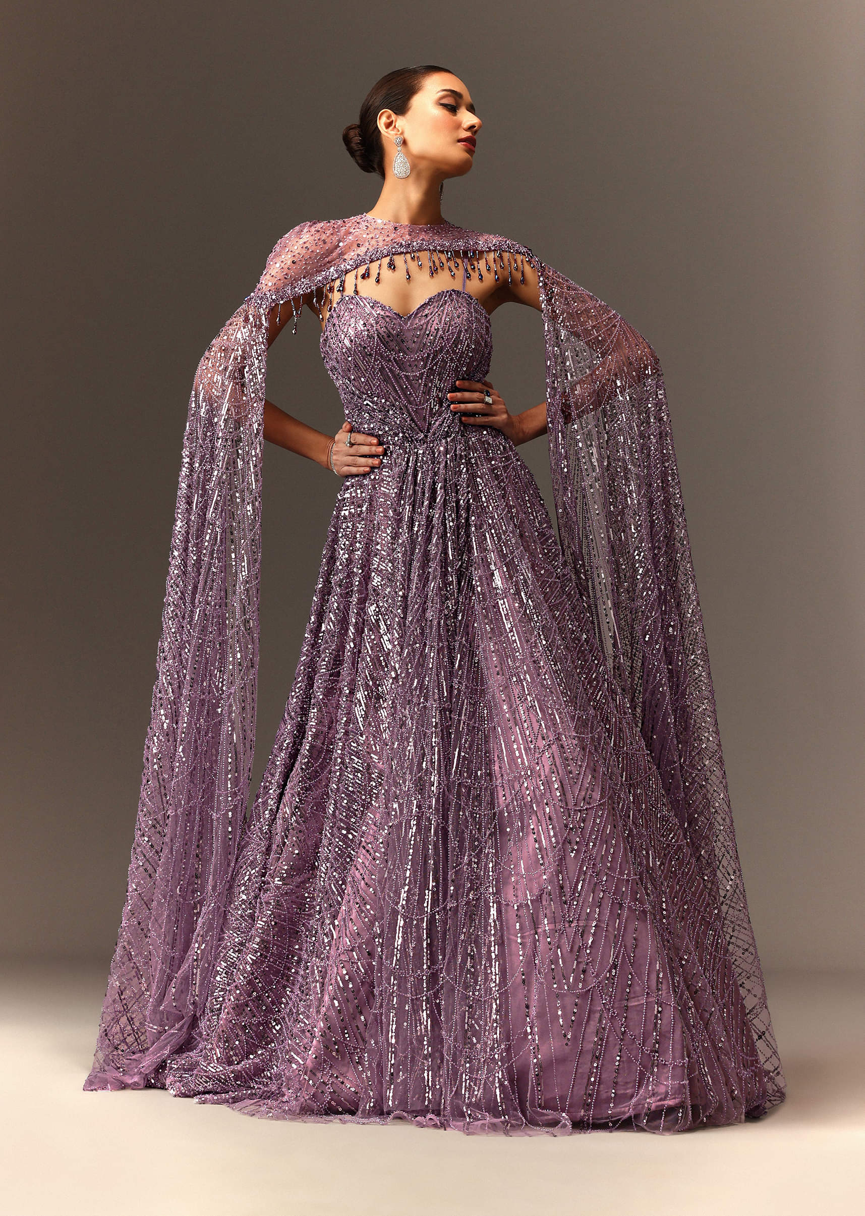 Lilac Sequin Gown With Attached Cheeta Work Cape Sleeves - Image 8