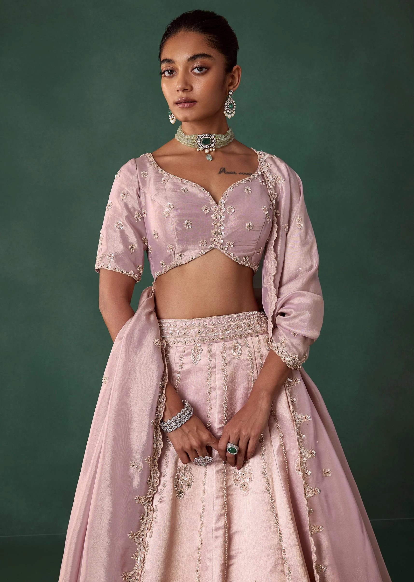 Lilac Shaded Hand Embroidered Bridal Lehenga Set - Image 5