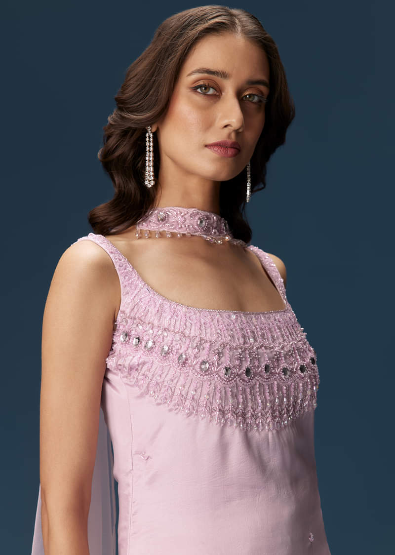 Lilac Sharara Suit With Choker And Ruched Sharara - Image 3