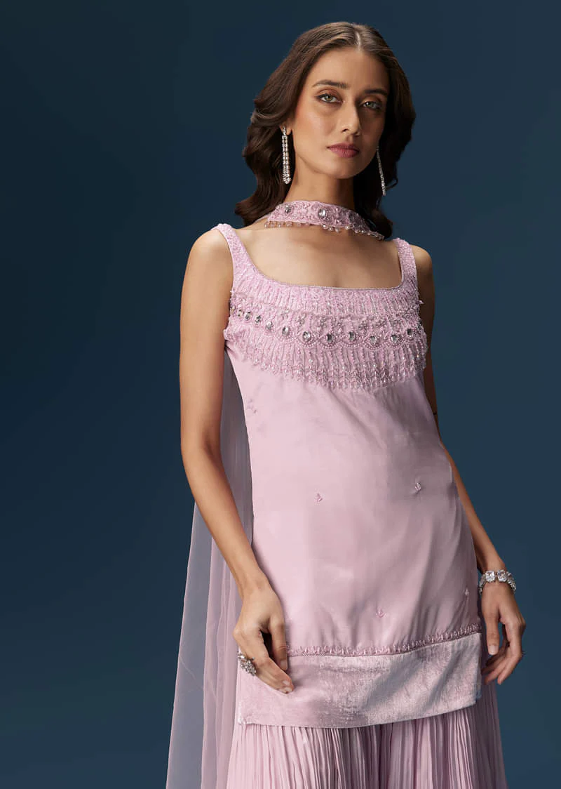 Lilac Sharara Suit With Choker And Ruched Sharara - Image 5
