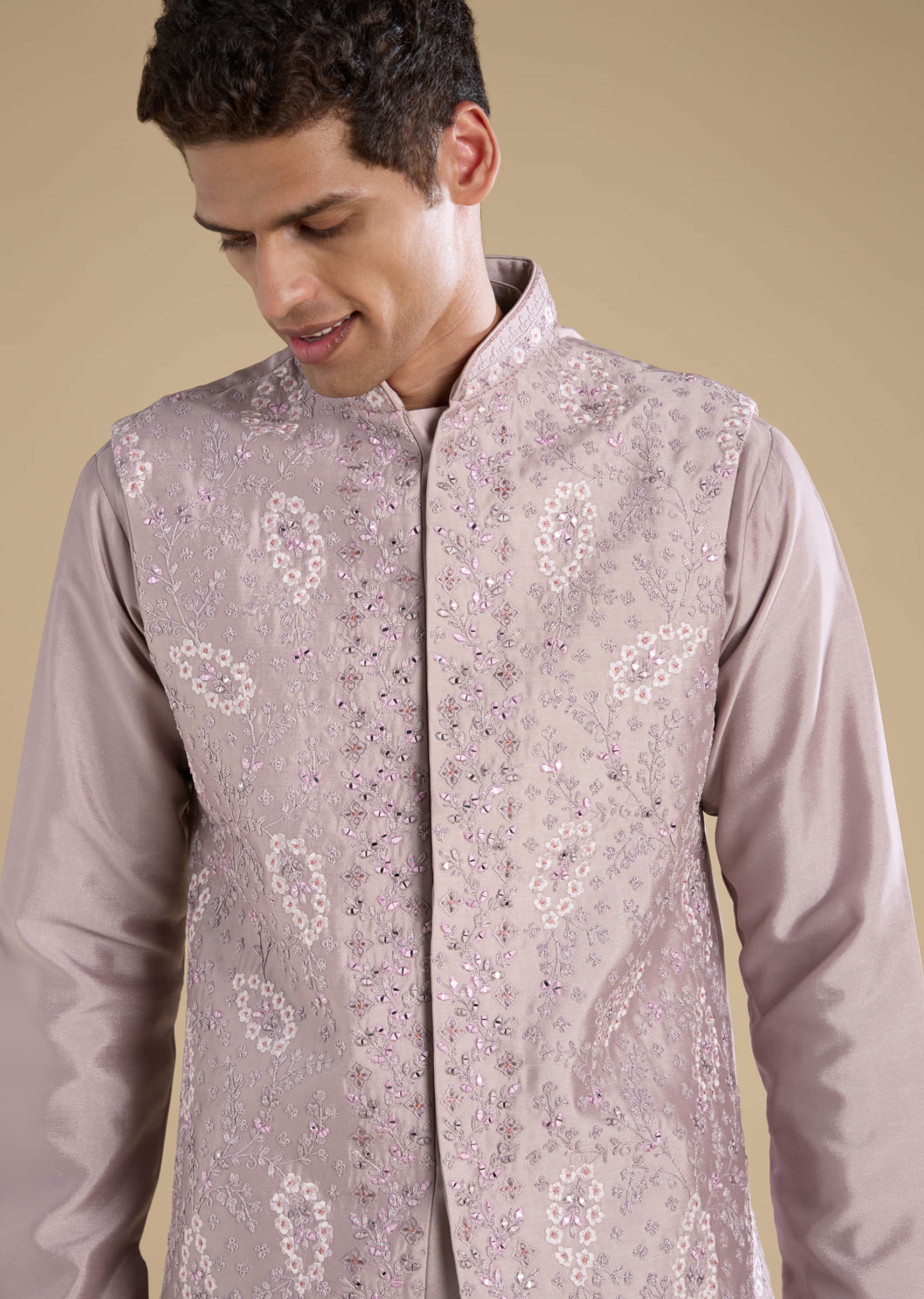 Lilac Silk Jacket Kurta Set with Mirror Work - Image 2