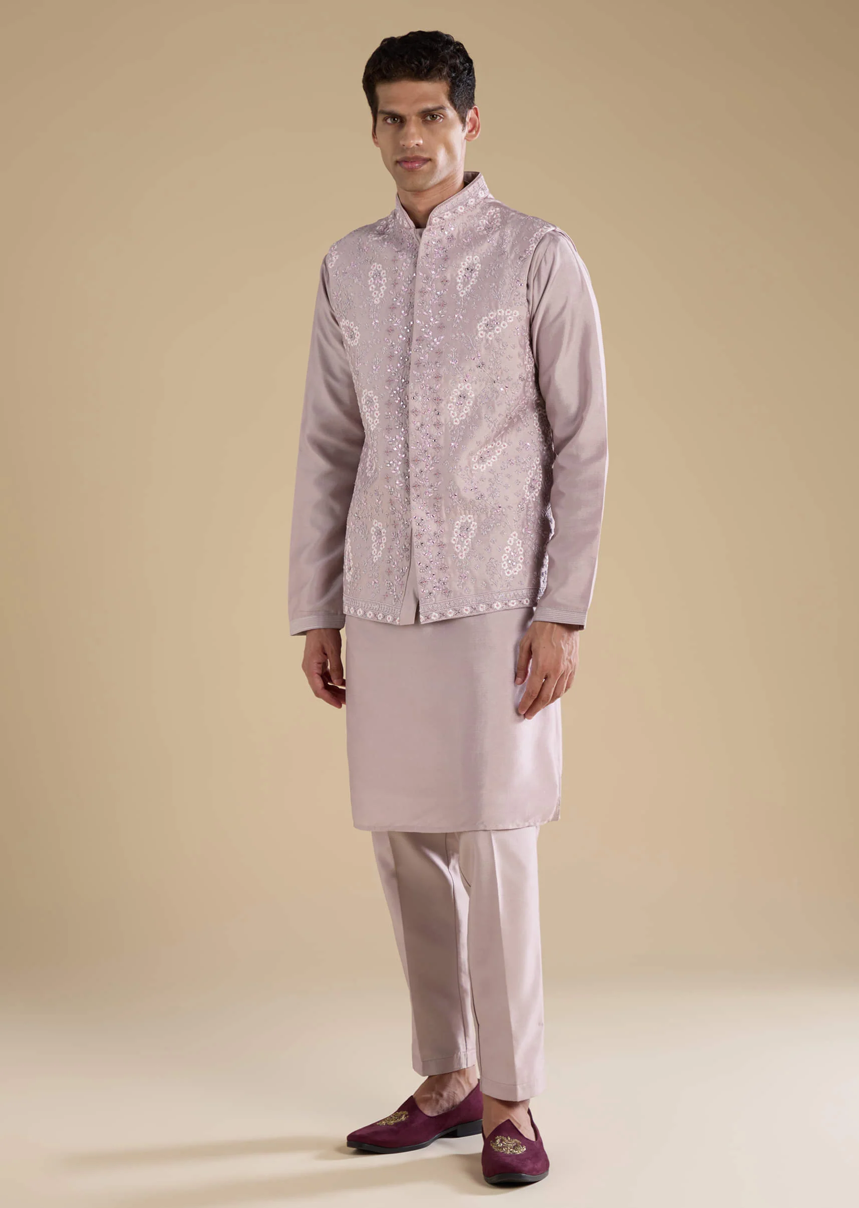 Lilac Silk Jacket Kurta Set with Mirror Work - Image 3