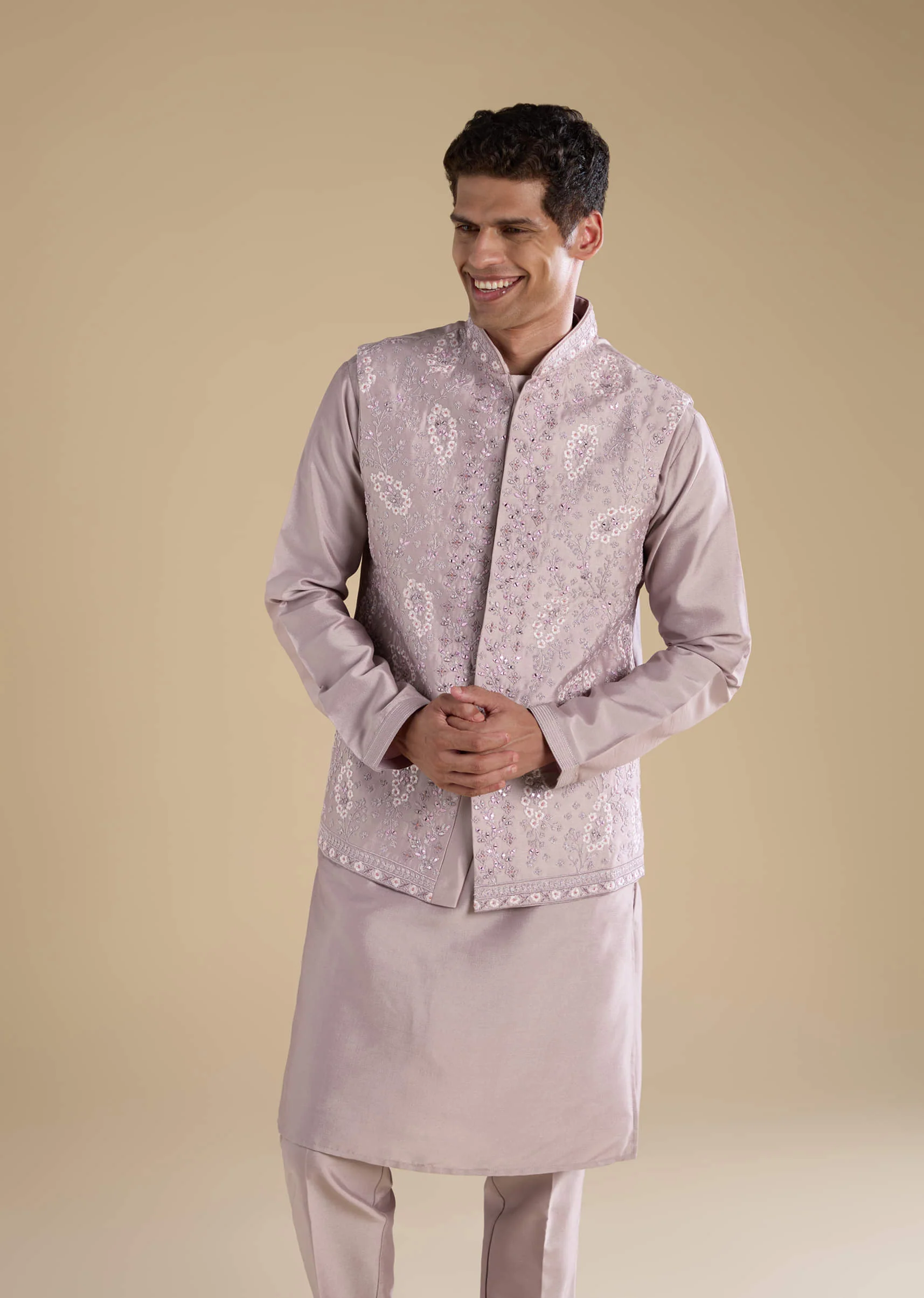 Lilac Silk Jacket Kurta Set with Mirror Work - Image 4