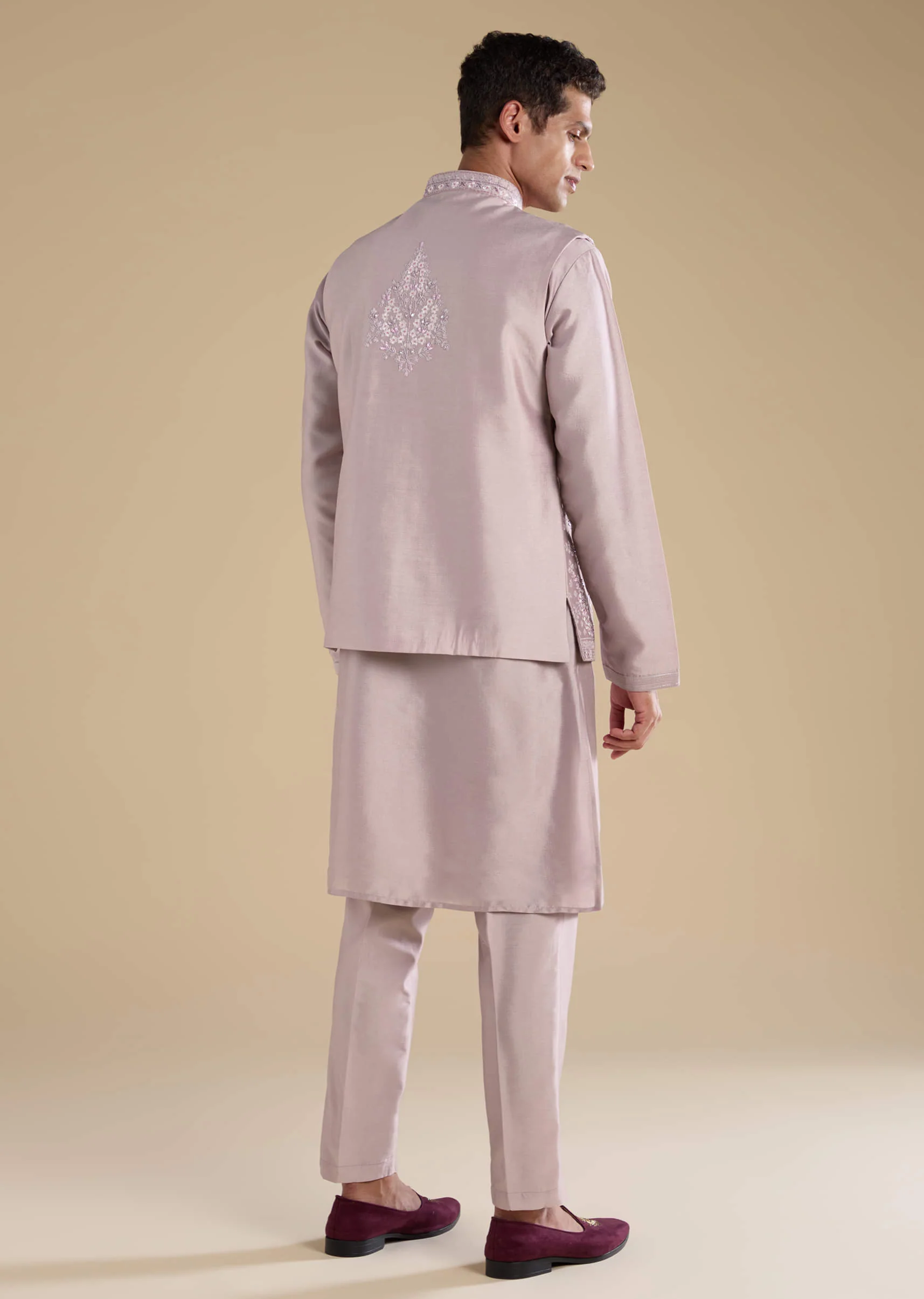 Lilac Silk Jacket Kurta Set with Mirror Work - Image 5