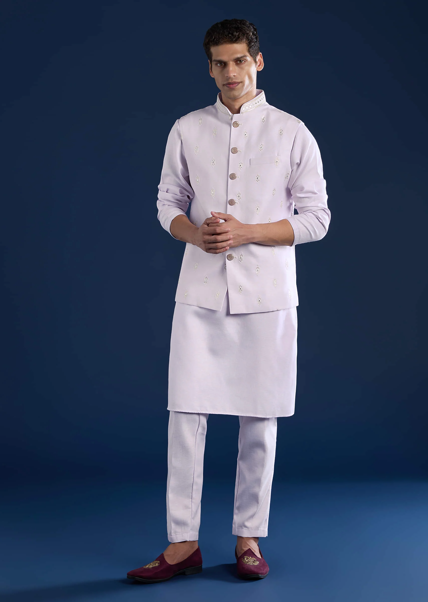 Lilac Silk Jacket Kurta Set with Sequin Embroidery - Image 3