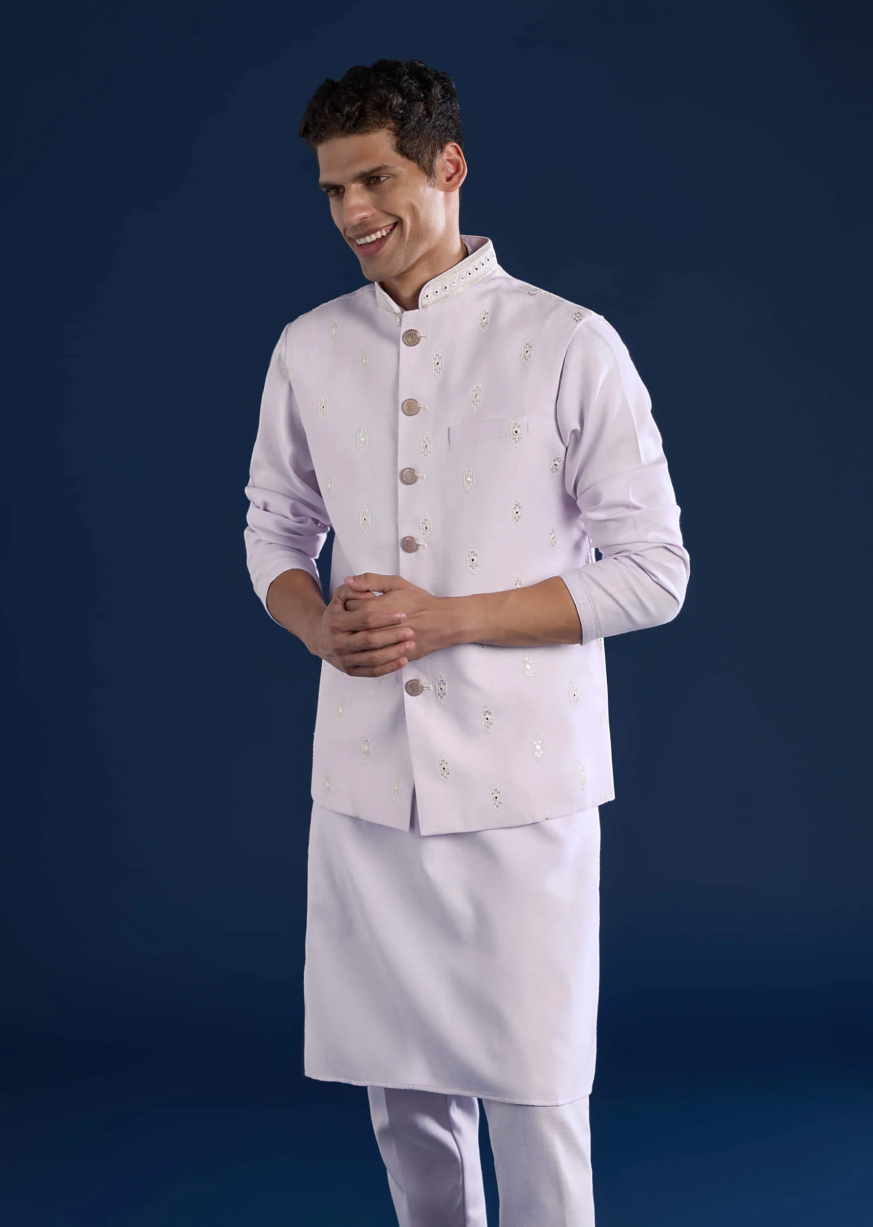 Lilac Silk Jacket Kurta Set with Sequin Embroidery - Image 4