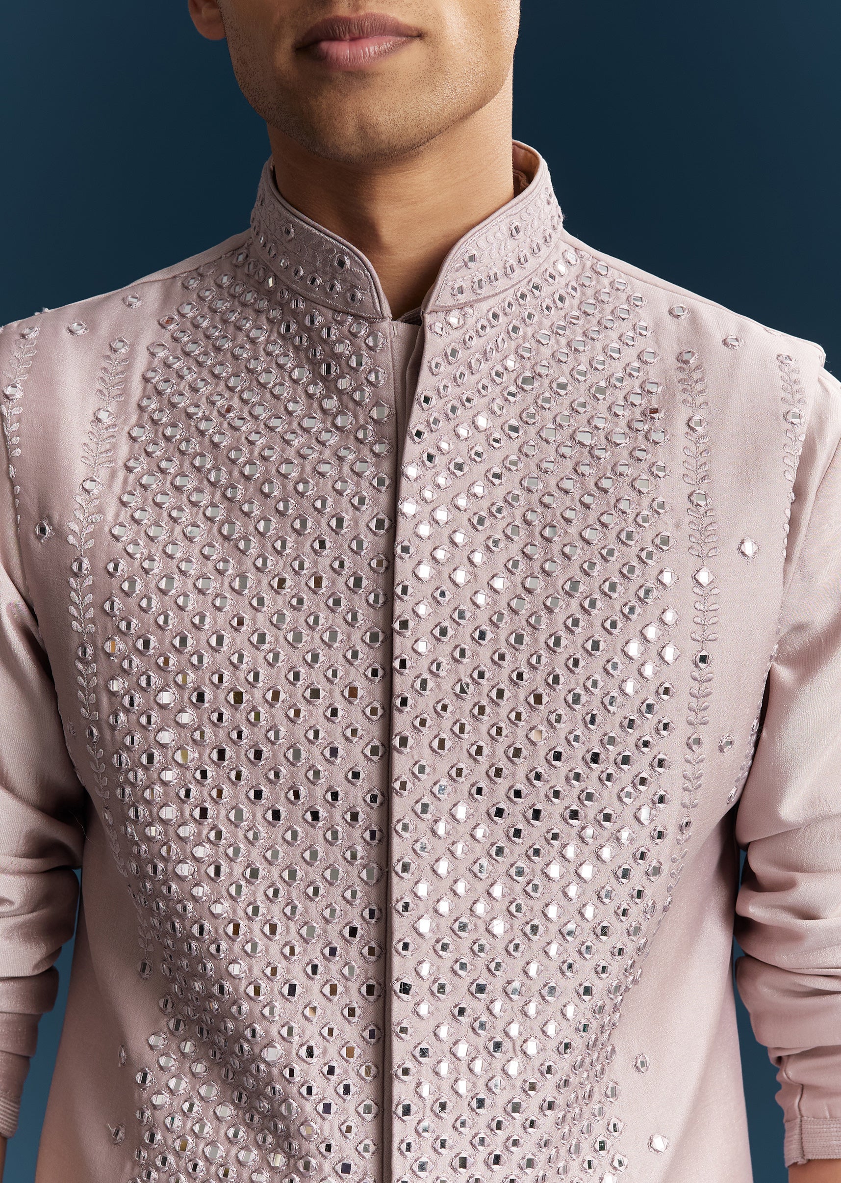 Lilac Silk Kurta Jacket Set With Thread And Mirror Work - Image 2