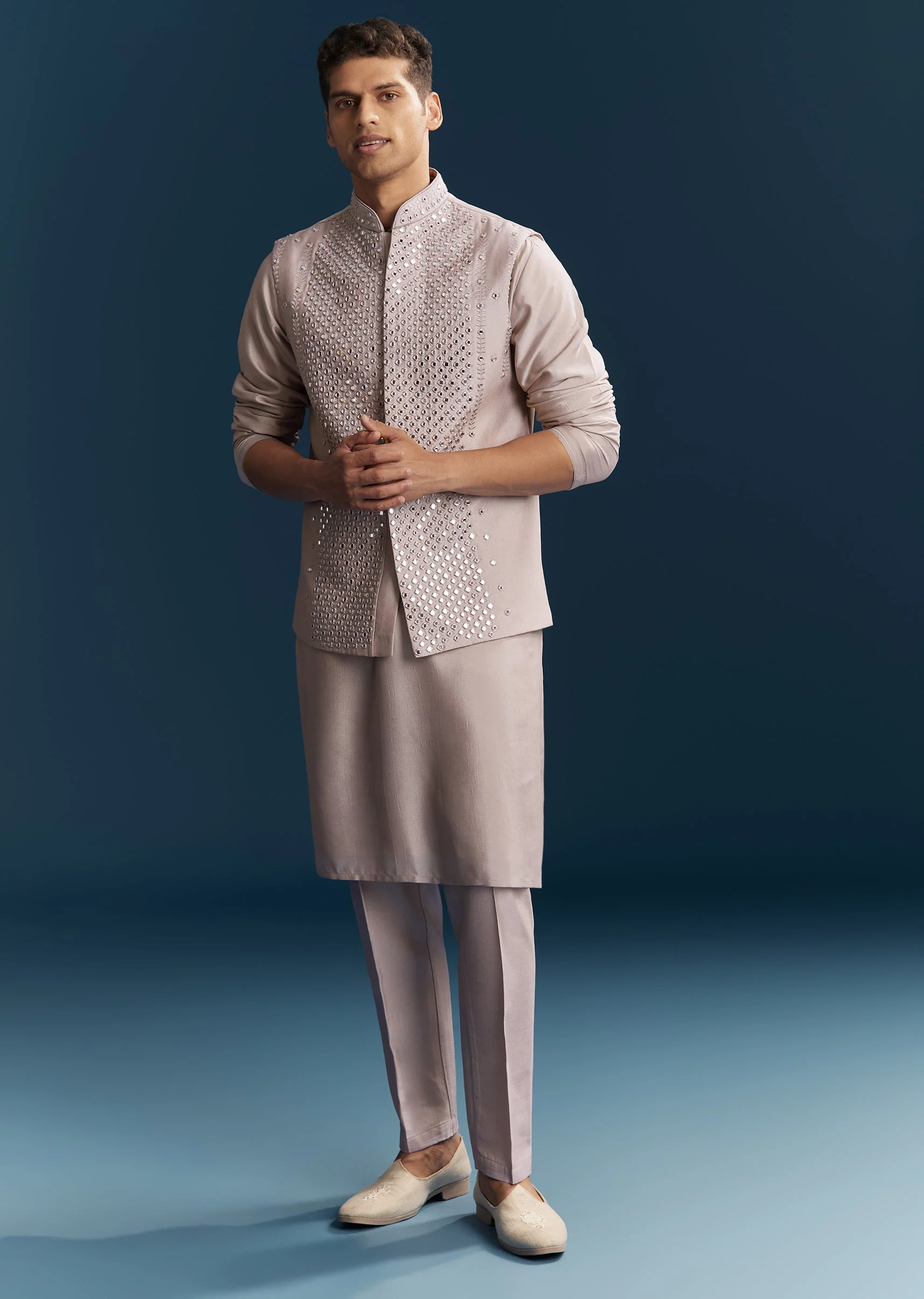 Lilac Silk Kurta Jacket Set With Thread And Mirror Work - Image 3