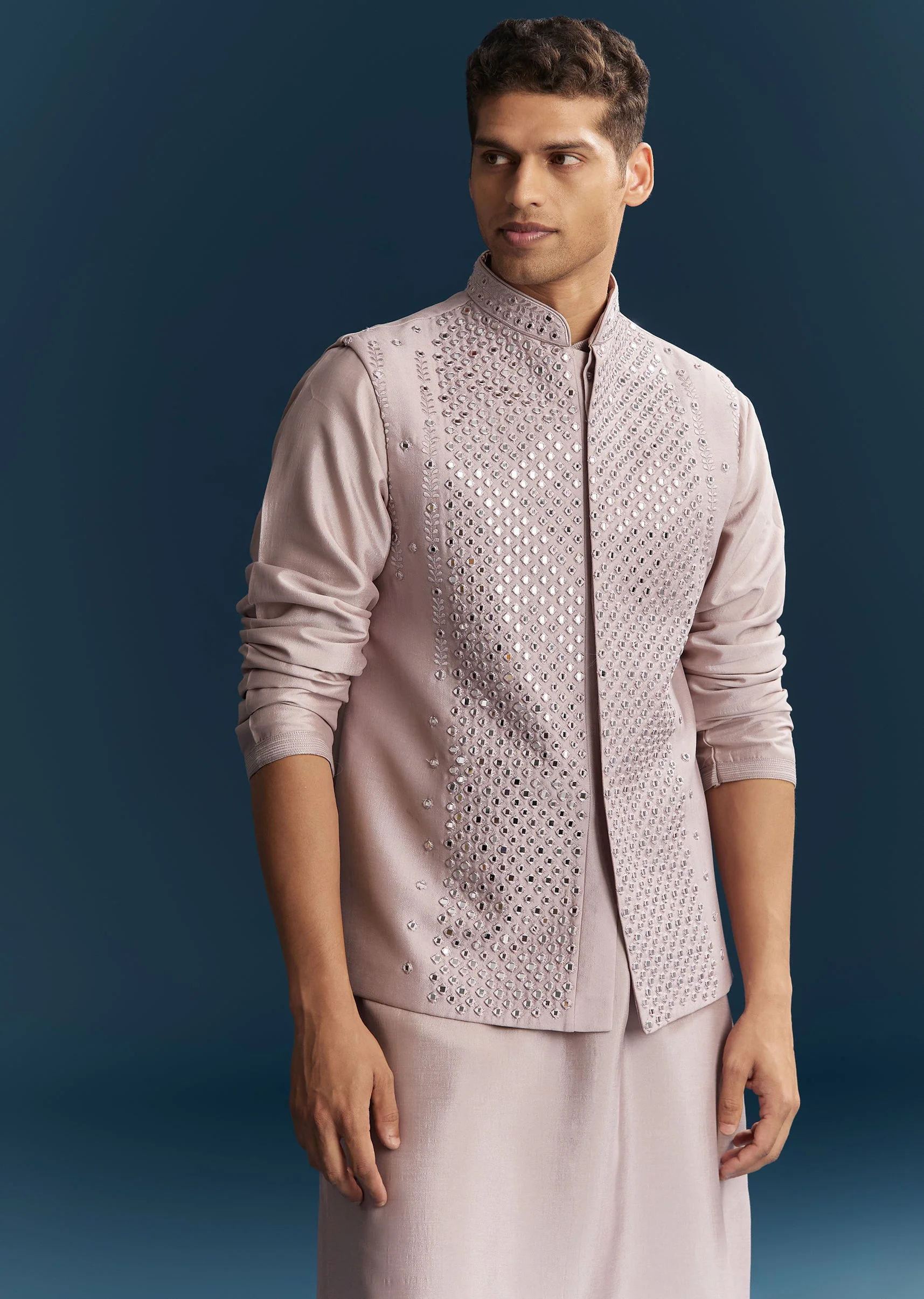 Lilac Silk Kurta Jacket Set With Thread And Mirror Work - Image 4