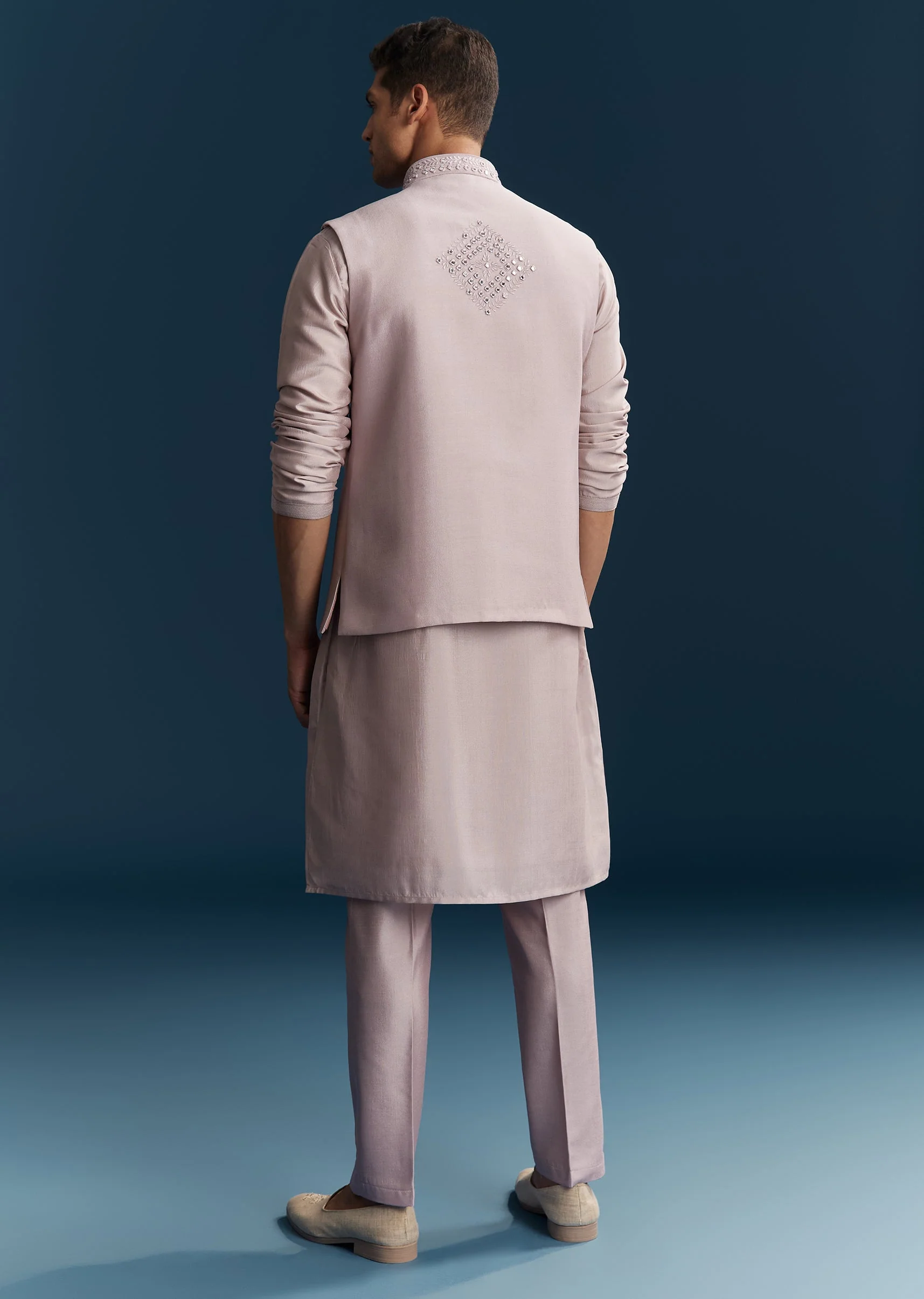Lilac Silk Kurta Jacket Set With Thread And Mirror Work - Image 5